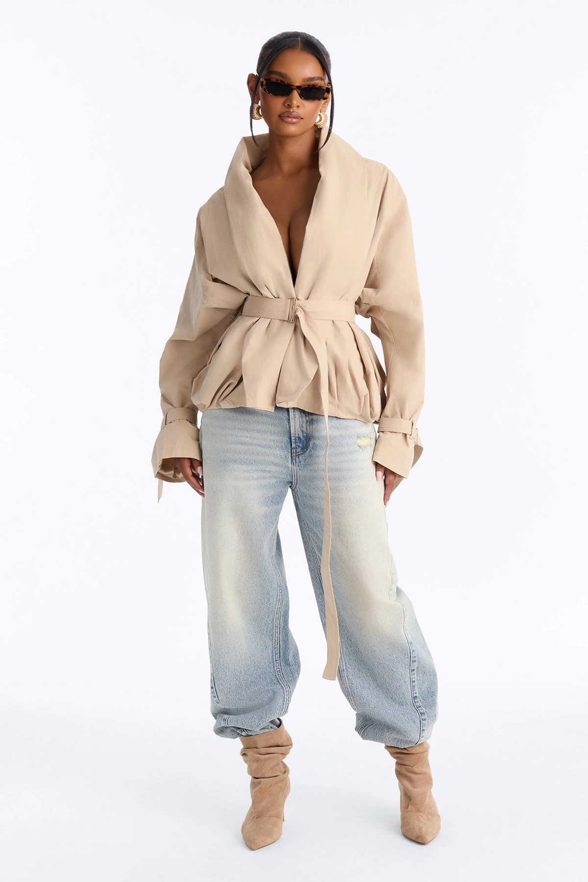 Caitlyn Gathered Belted Shawl Collar Twill Coat - Khaki — Caqui