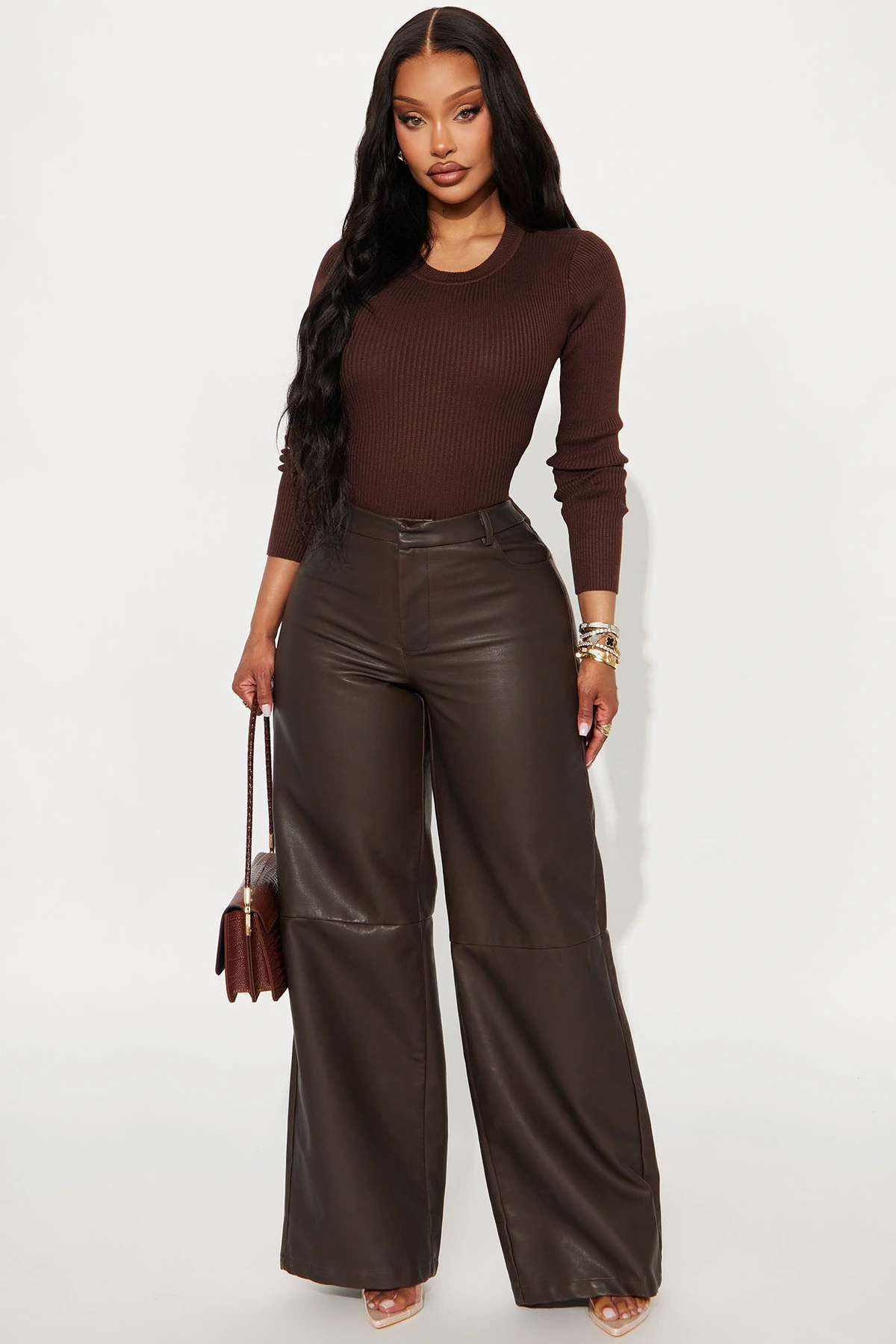 Double Down Faux Leather Wide Leg Pant 33″ - Brown — Castanho