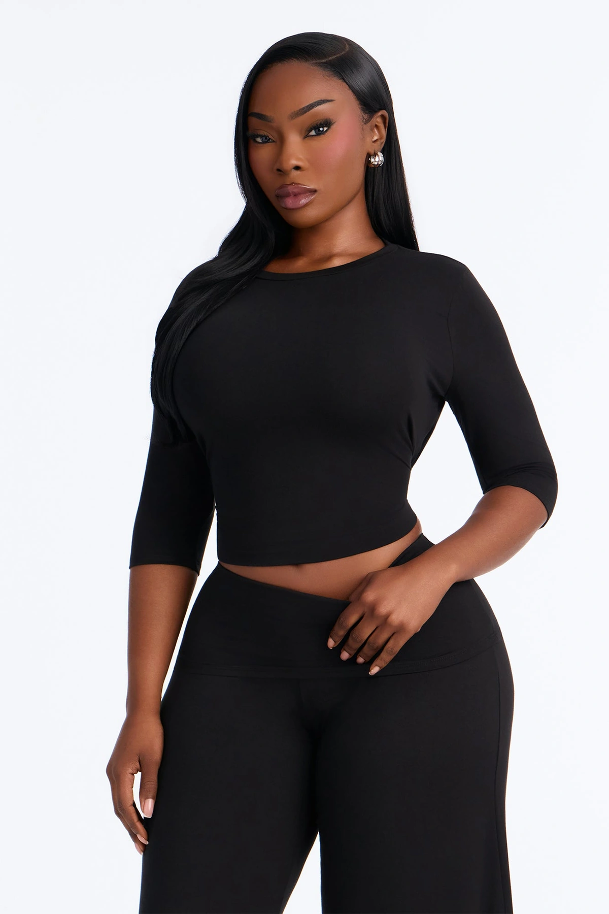 Kyla Foldover Gaucho Pant Set - Black — Preto