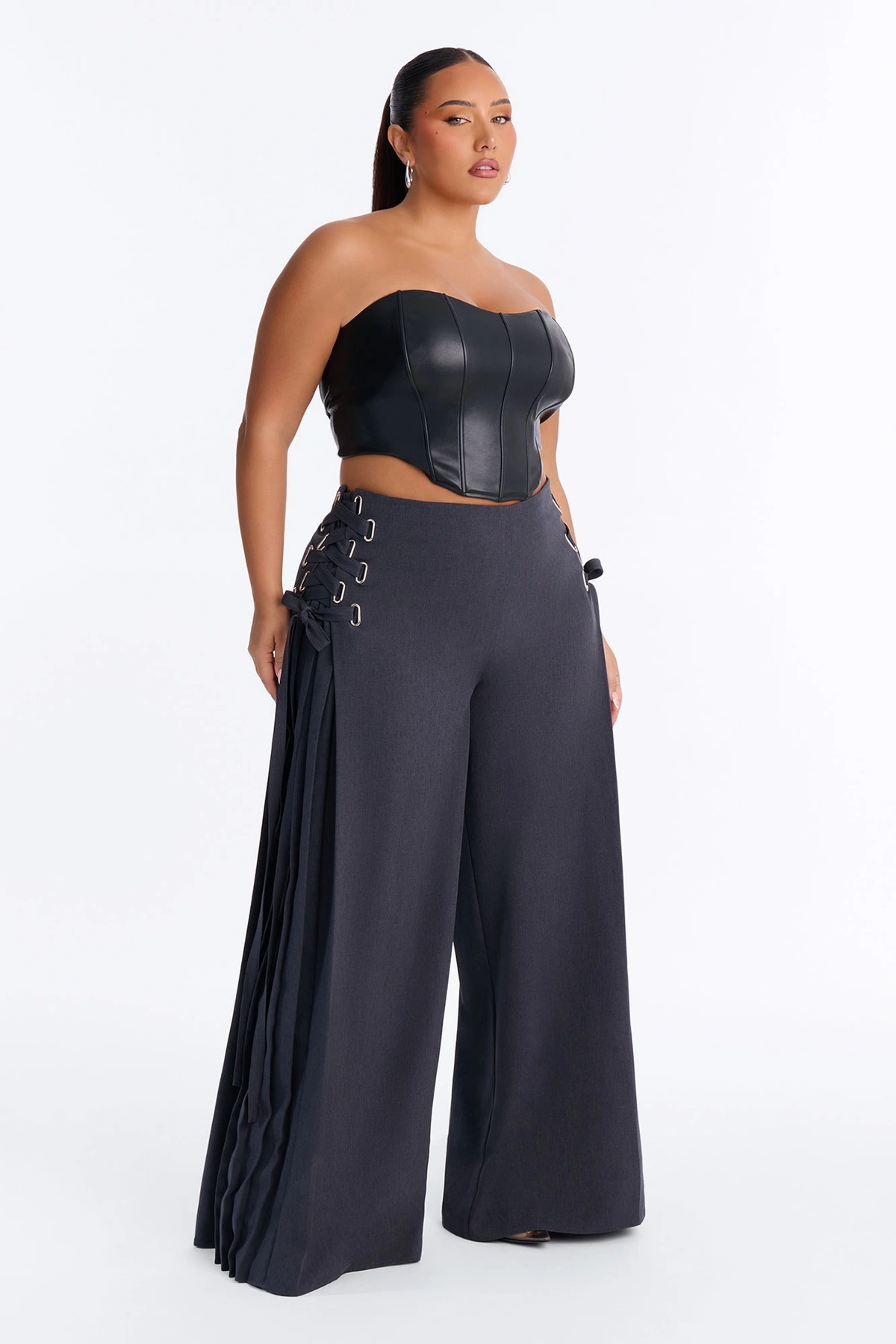 Tate High Rise Lace Up Pleated Wide Leg Trouser - Charcoal — Cinzento-escuro