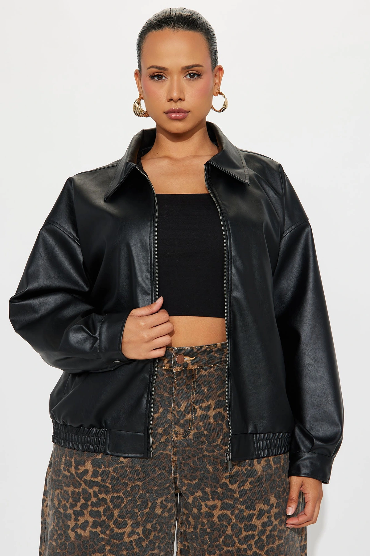 Hustle Mode Oversized Faux Leather Jacket - Black — Preto