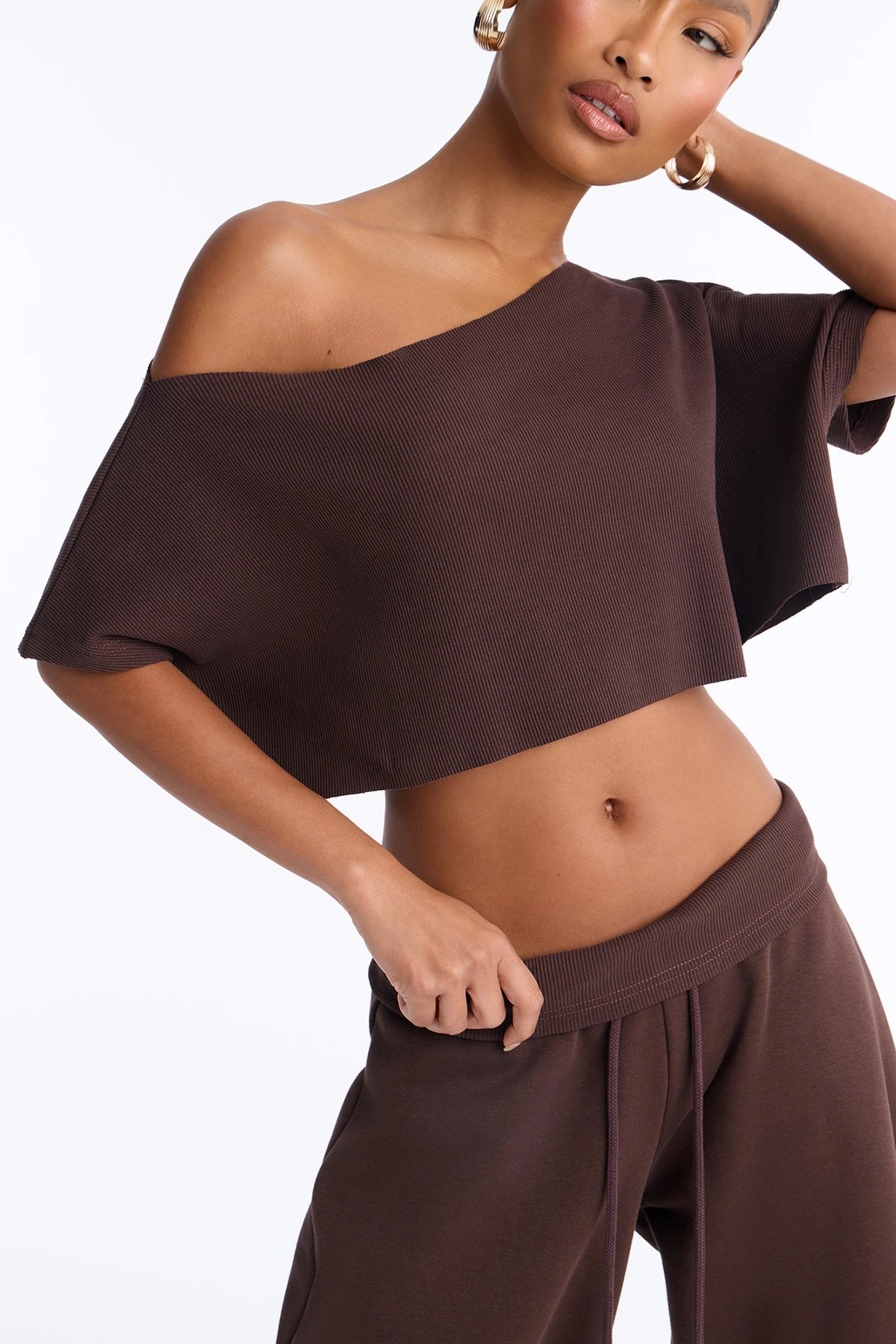 Mila Off Shoulder Top And Sweatpant Set - Chocolate — Chocolate