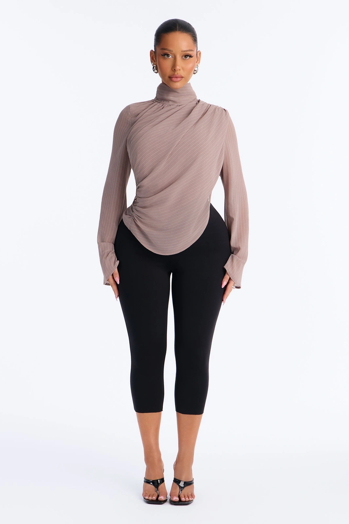 Controlled Desires Striped Long Sleeve Blouse - Taupe/combo — Bege acinzentado/combinação