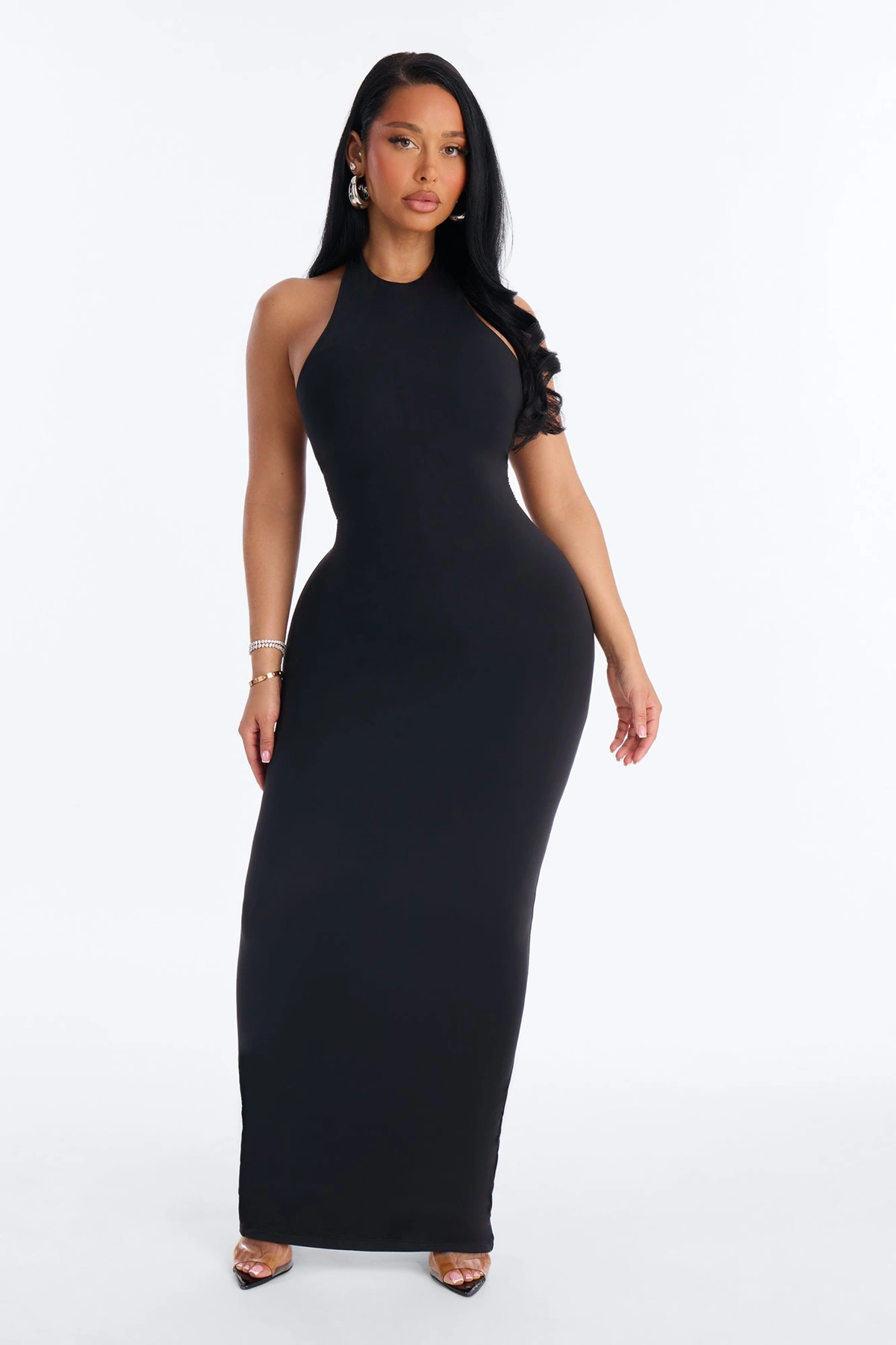 Second Skin Bra Pad Sleeveless Halter Maxi Dress - Black — Preto