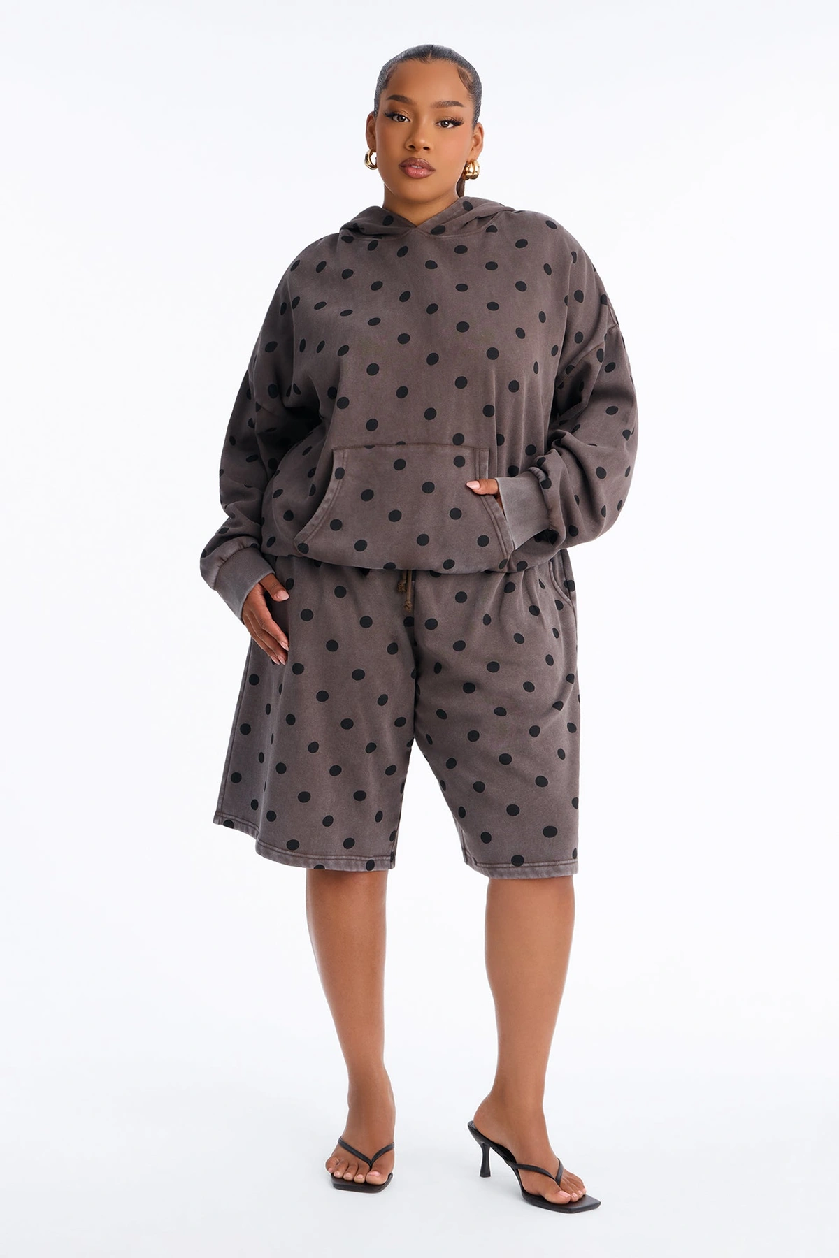 Taylor Polka Dot Washed Fleece Jort Set - Brown — Castanho