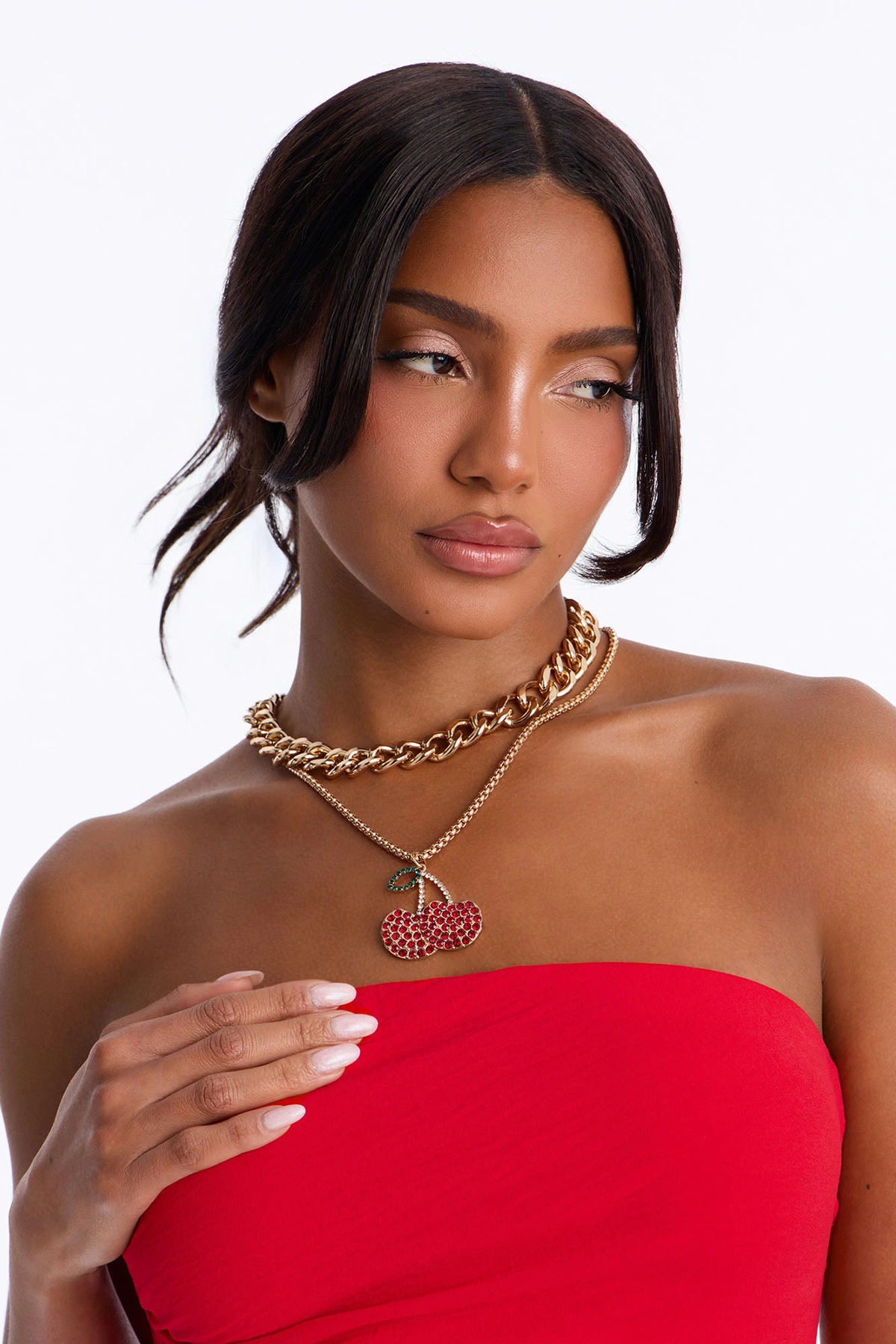 Cherry Pop Rhinestone Layered Necklace - Gold/Red — Dourado/Vermelho