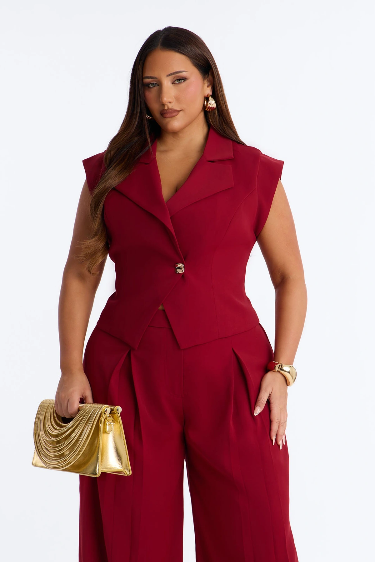 Feeling Polished Cinched Vest Pant Set - Burgundy — Bordô
