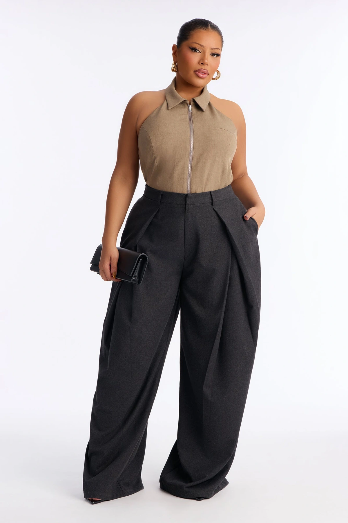 Executive Realness Pleated Wide Leg Trouser 33″ - Charcoal — Cinzento-escuro