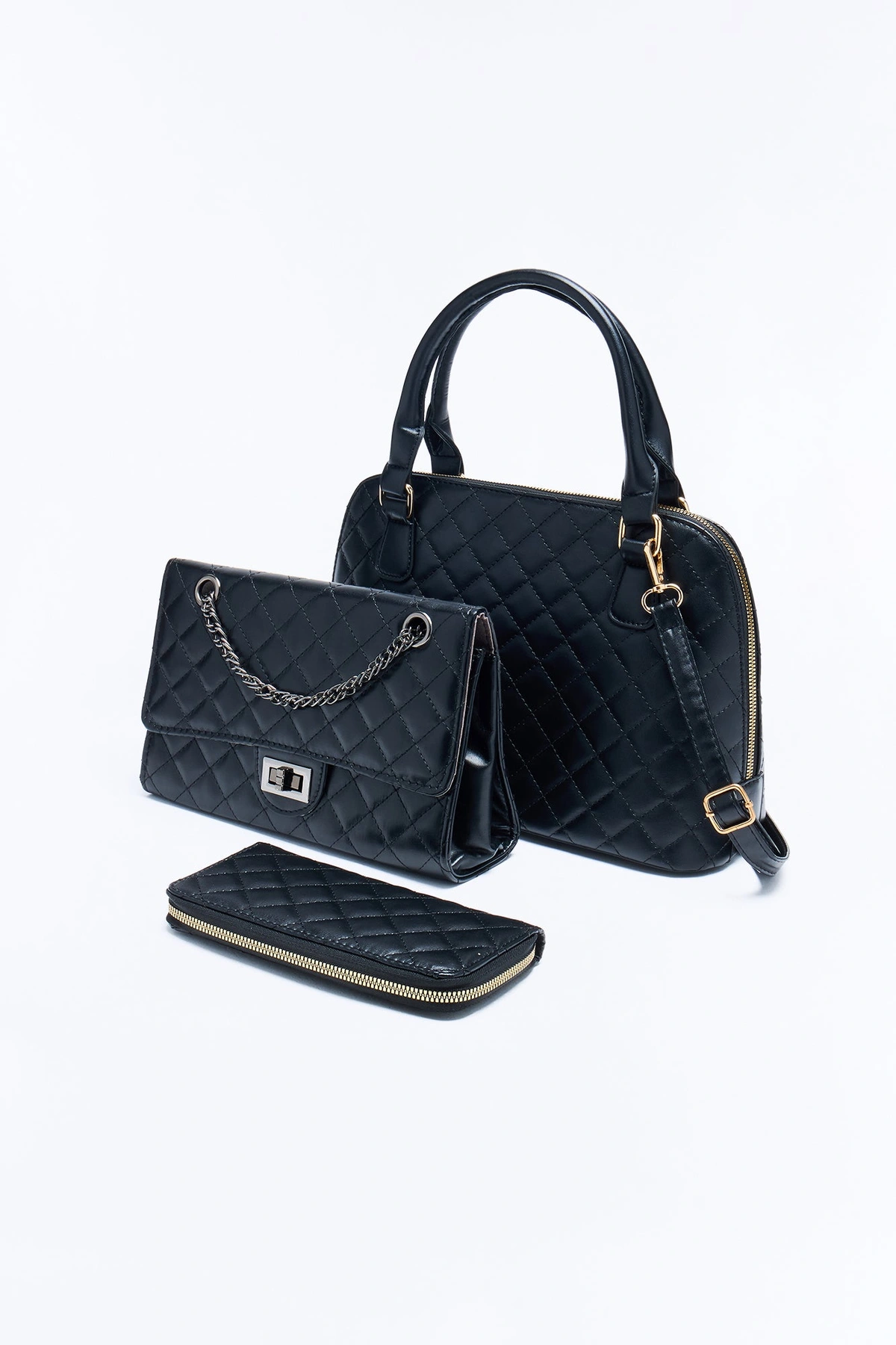 All In The Bag Faux Leather 3 Piece Satchel Handbag Set - Black — Preto