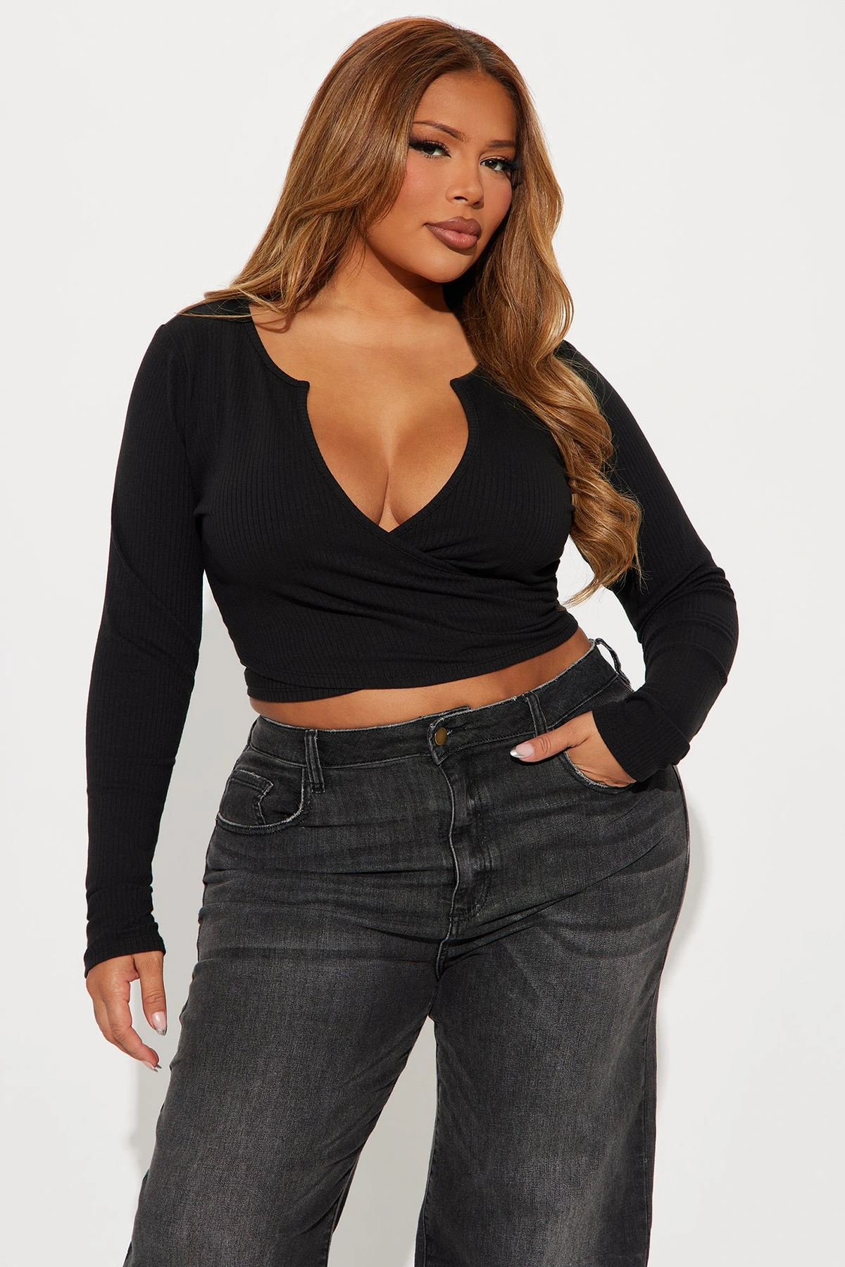 Katrina Long Sleeve Crop Top - Black — Preto