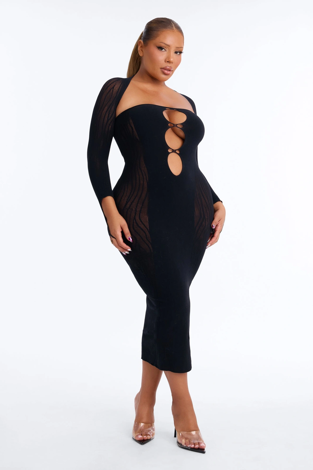 Whispering Sheer Midi Bodystocking Dress - Black — Preto
