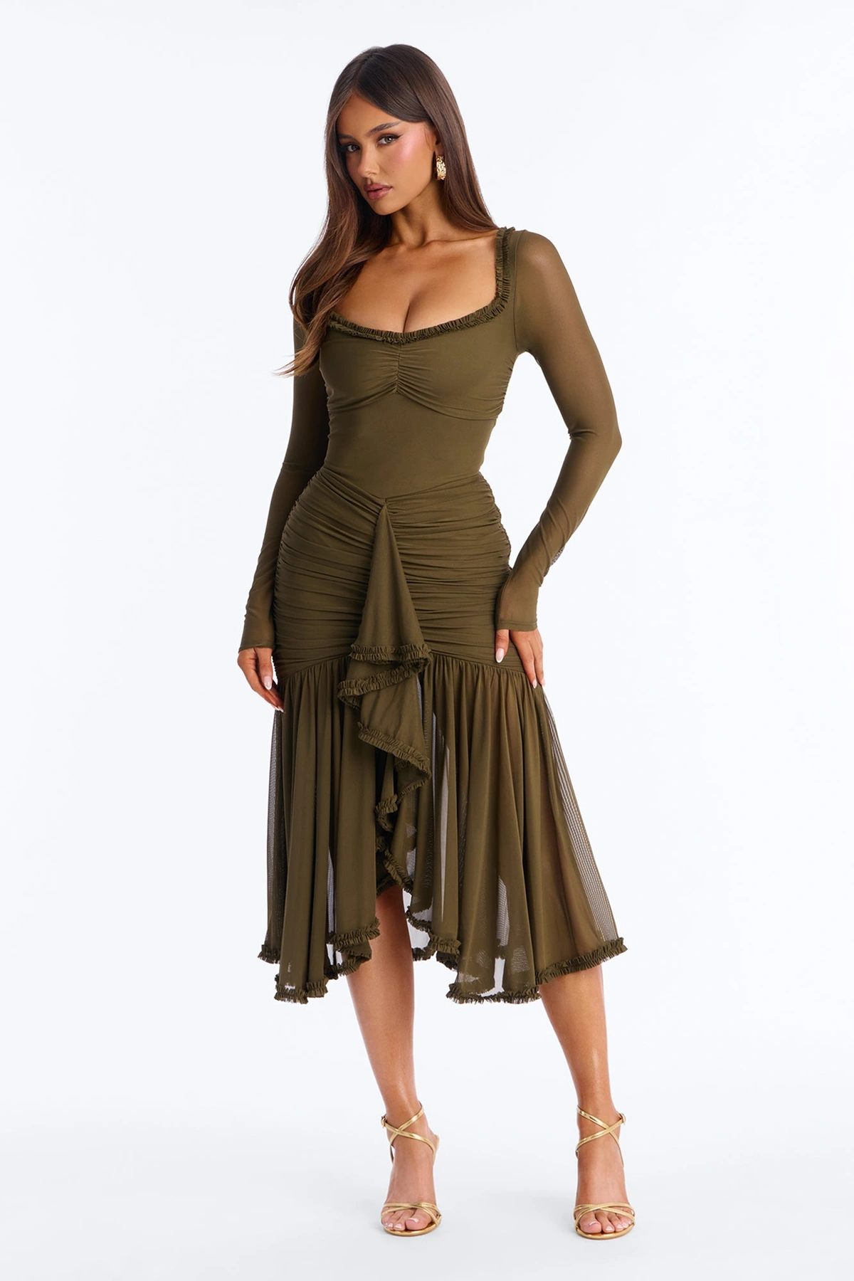 Mallory Ruffle Draped Mesh Midi Dress - Olive — Verde-azeitona