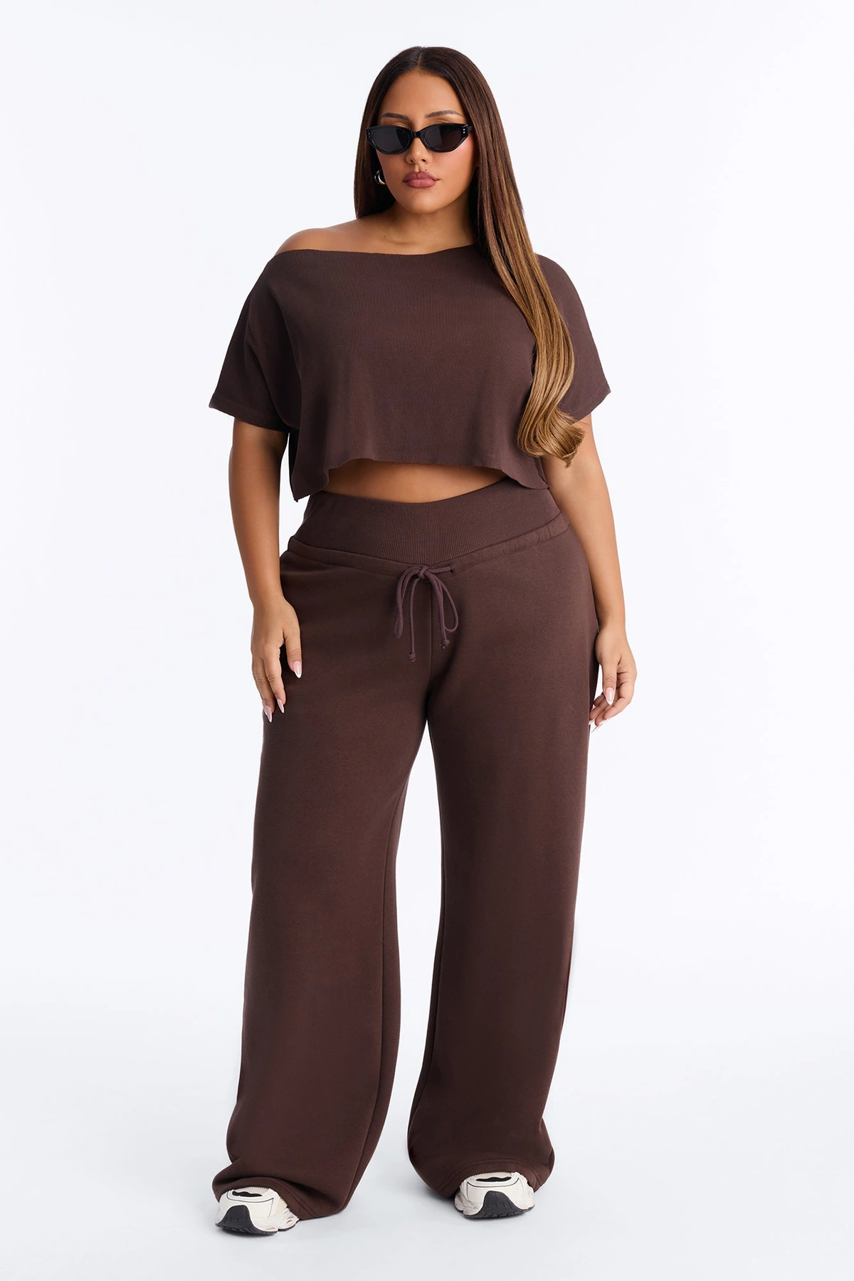 Mila Off Shoulder Top And Sweatpant Set - Chocolate — Chocolate