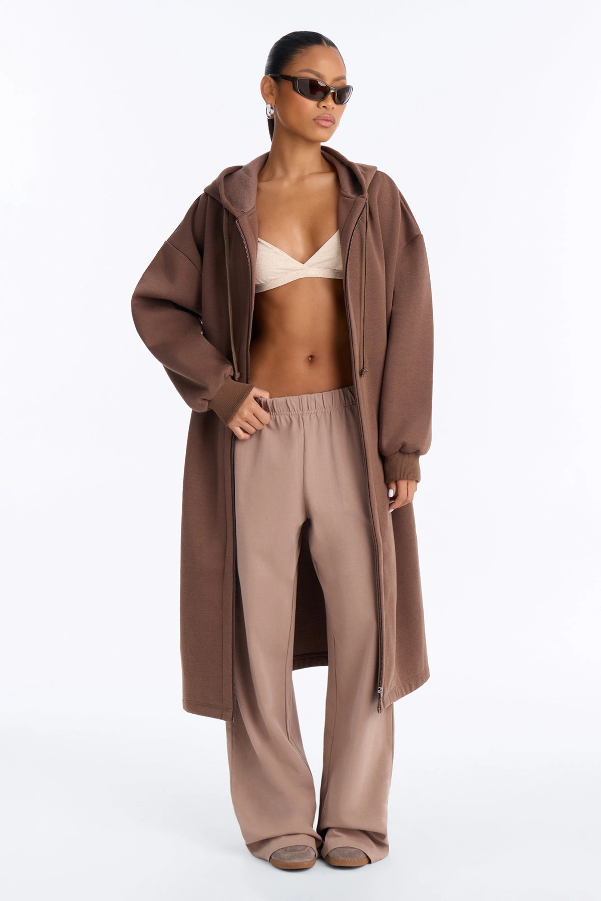 Sunday Lounge Fleece Hooded Long Jacket - Brown — Castanho