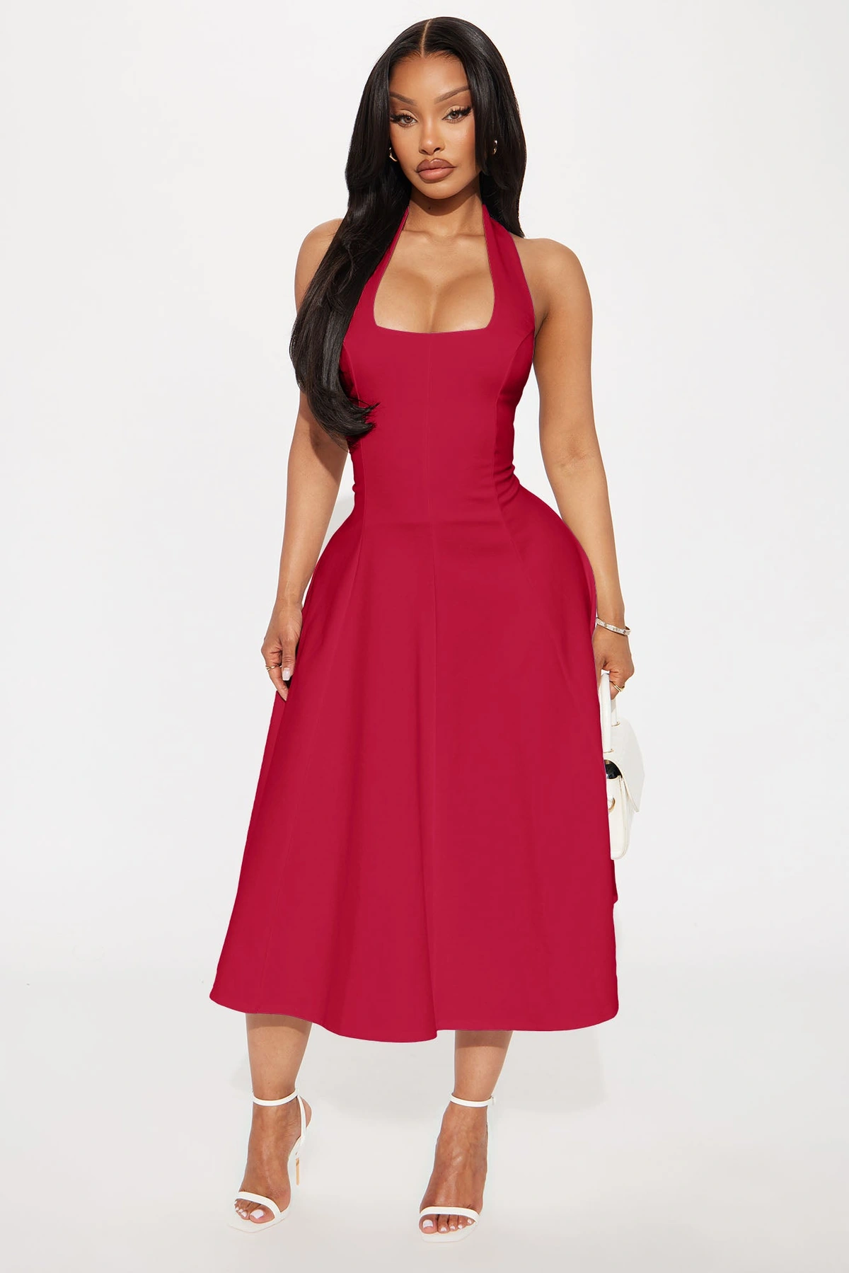 Mabel Ponte Midi Dress - Red — Vermelho