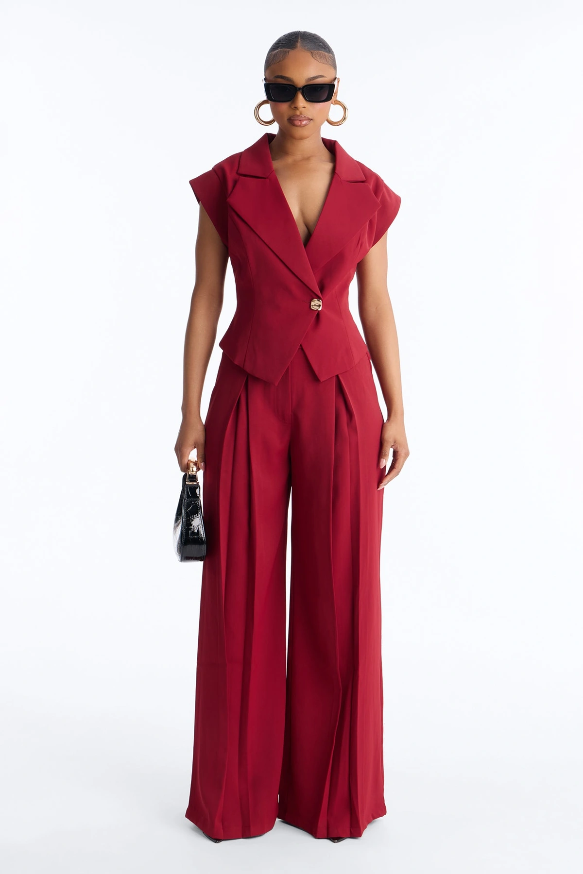Feeling Polished Cinched Vest Pant Set - Burgundy — Bordô