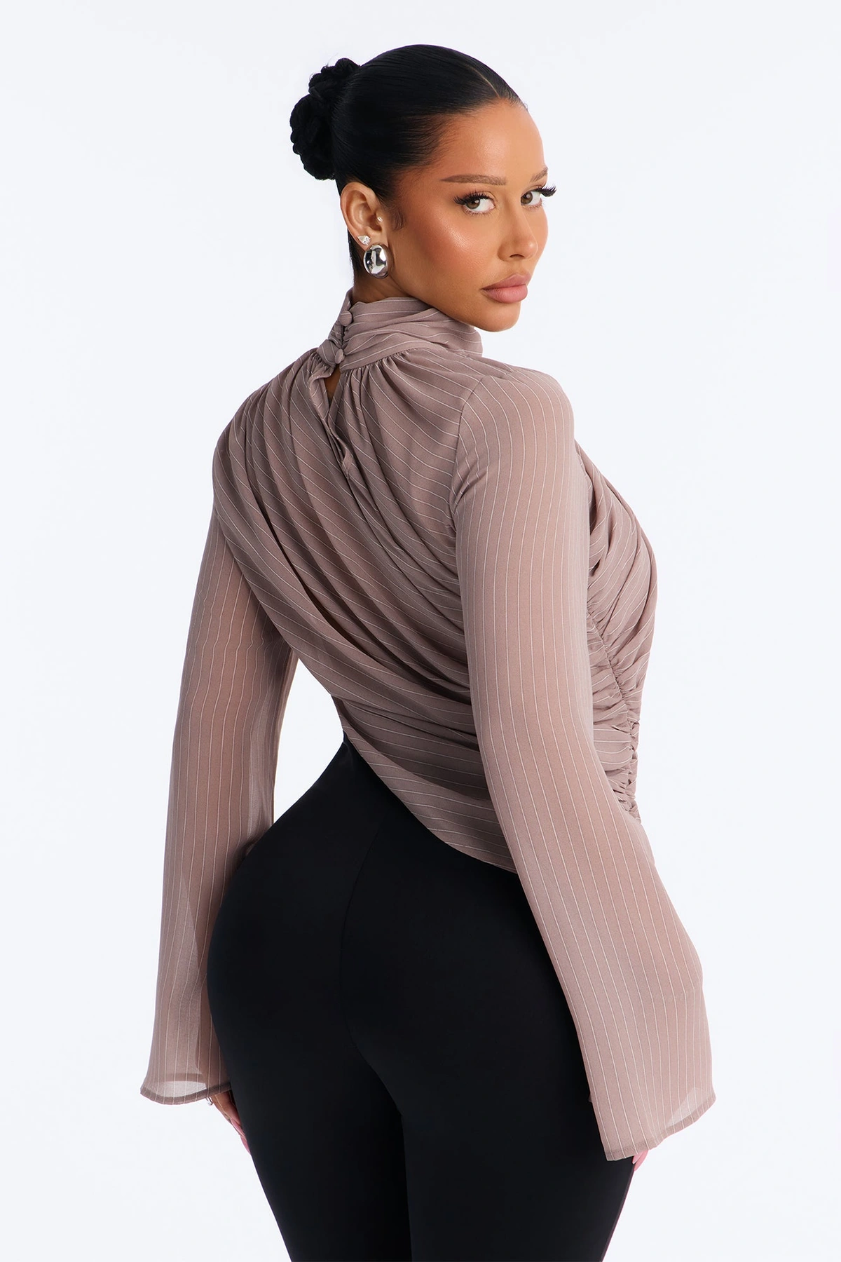 Controlled Desires Striped Long Sleeve Blouse - Taupe/combo — Bege acinzentado/combinação