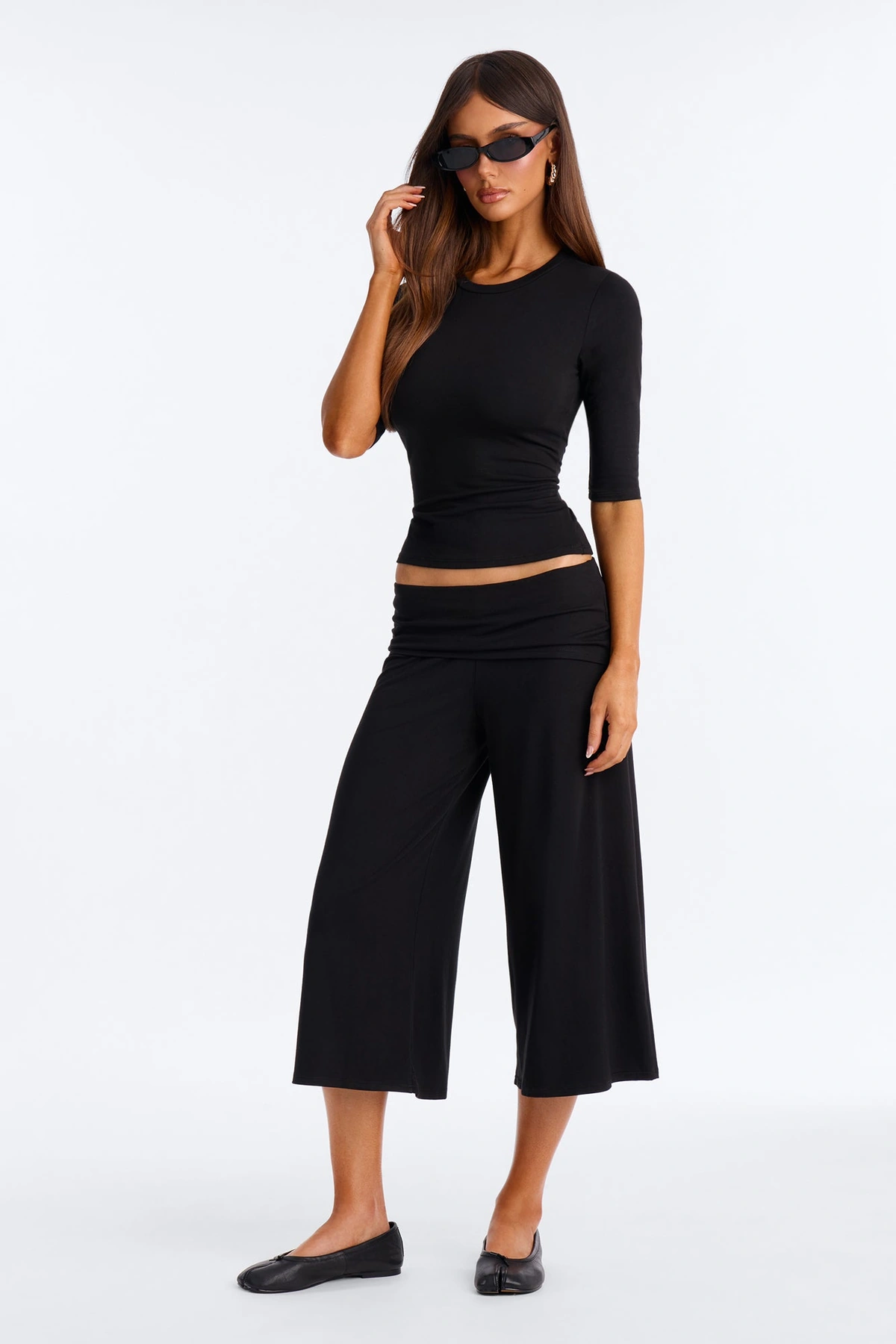 Kyla Foldover Gaucho Pant Set - Black — Preto