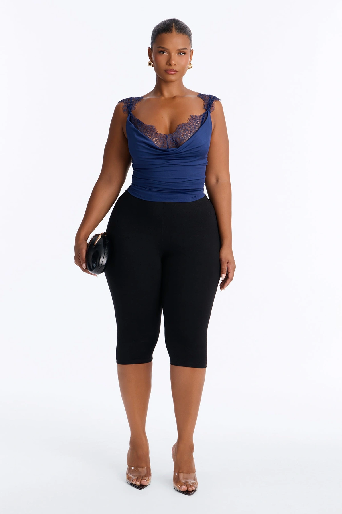 Janet Lace Trim Cowl Tank Top - Navy — Azul-marinho