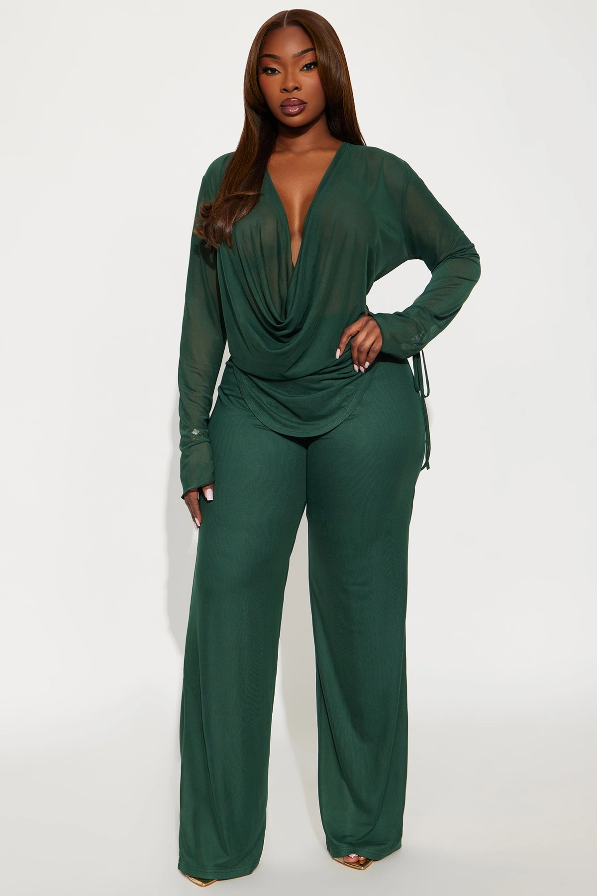 Silent Muse Cowl Neck Mesh Pant Set - Hunter — Verde-escuro