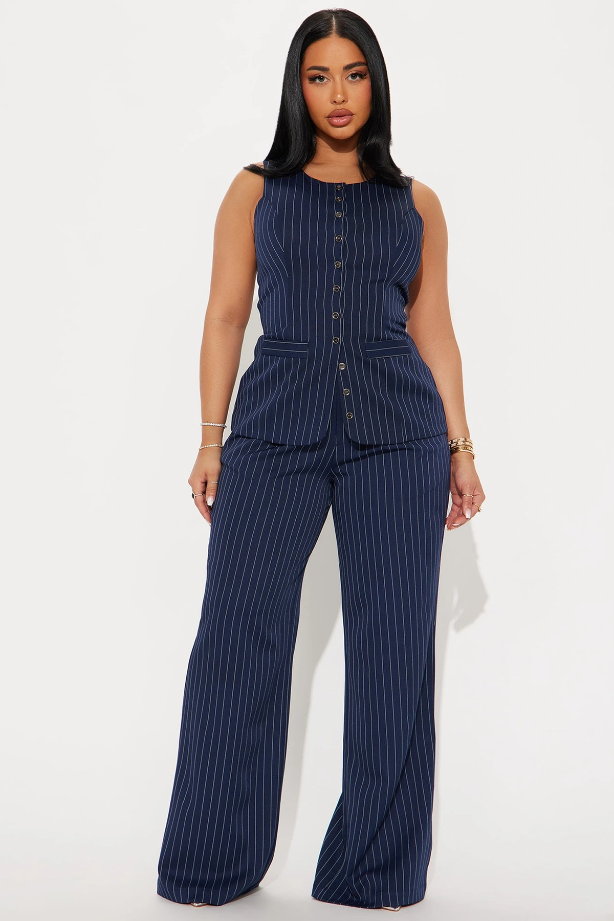 Stephanie Pinstripe Vest Pant Set - Navy — Azul-marinho