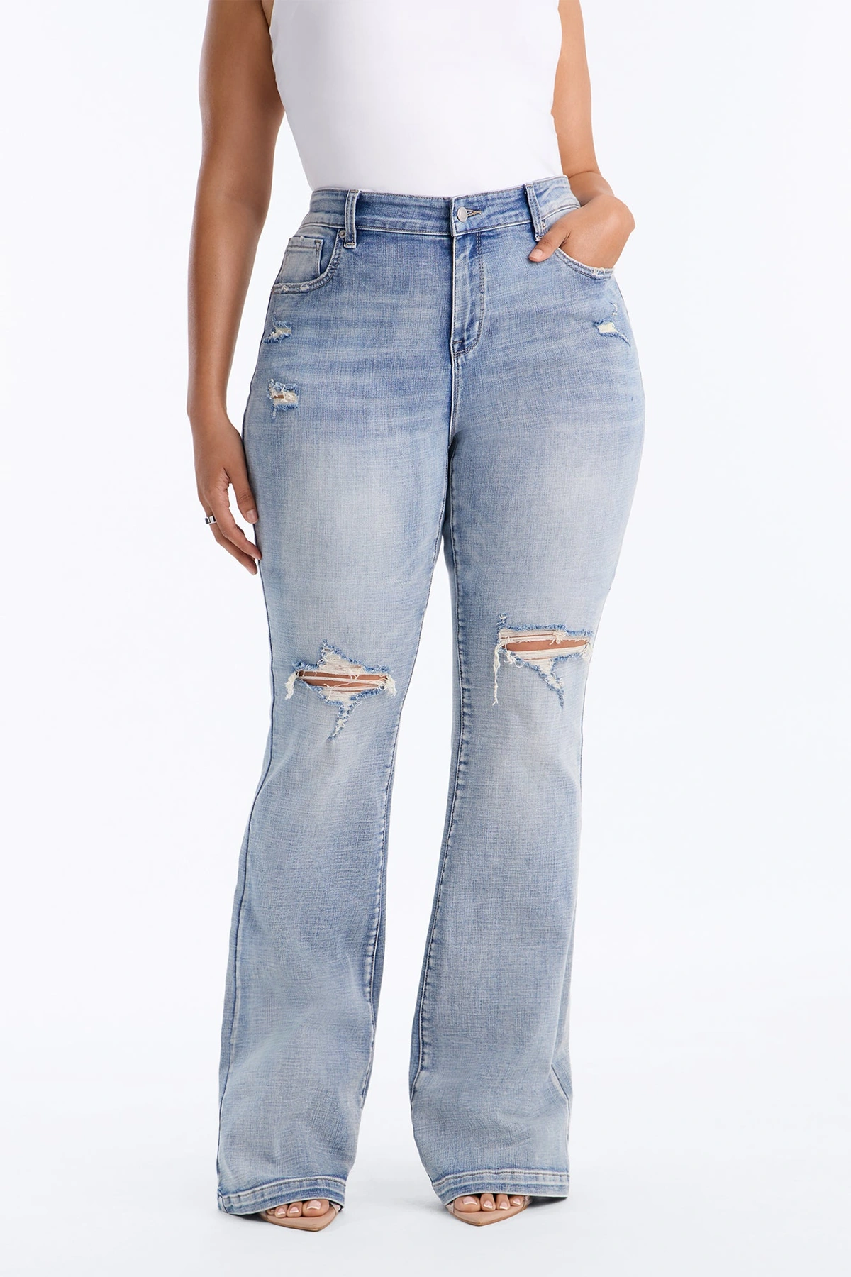 Tall Key Figure Ripped Stretch Flare Jeans - Medium Wash — Ganga de lavagem média