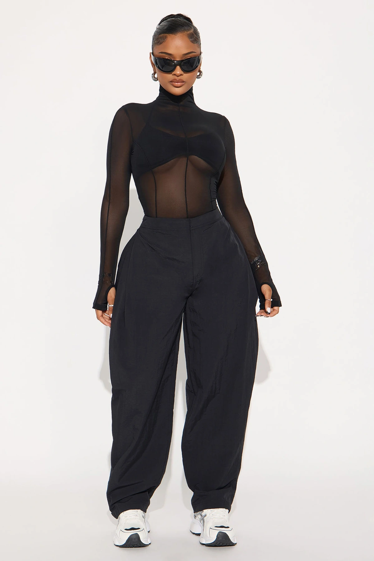 Power Mesh Mock Neck Long Sleeve Top - Black — Preto