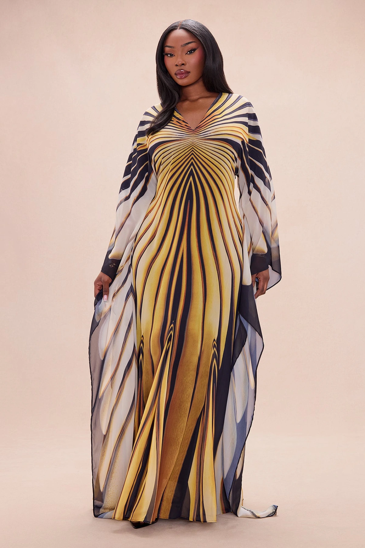 Soleil Bell Sleeve Chiffon Maxi Dress - Yellow/combo — Amarelo/combinação