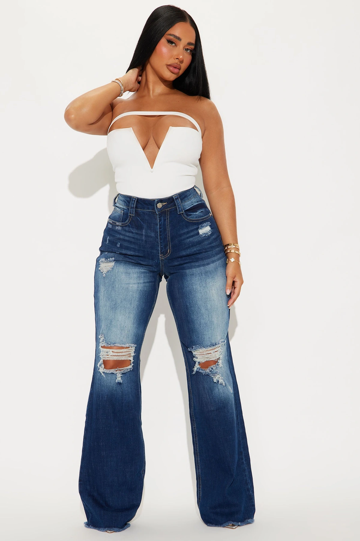 Coldwater Canyon Stretch Ripped Wide Leg Jeans - Dark Wash — Ganga de lavagem escura