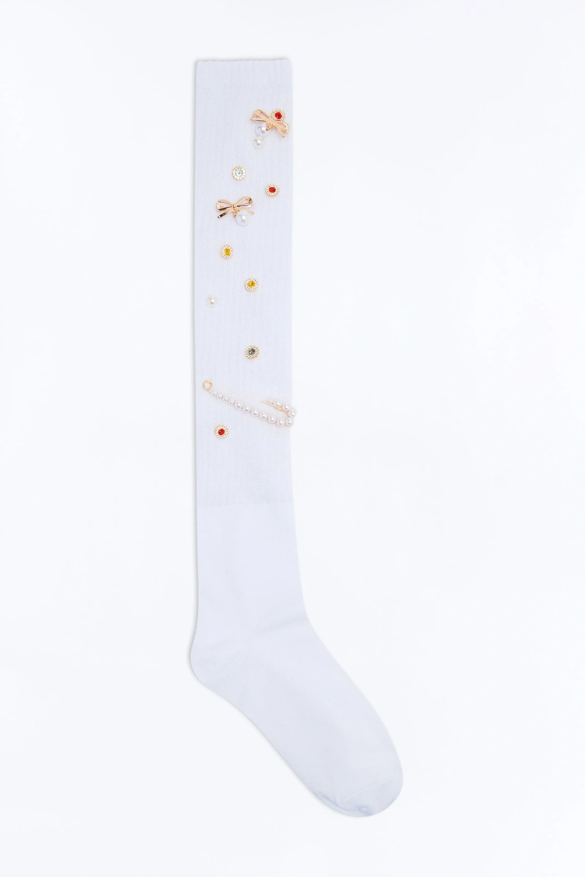 All Of Her Charm Slouchy Socks - White/Gold — Branco/Dourado