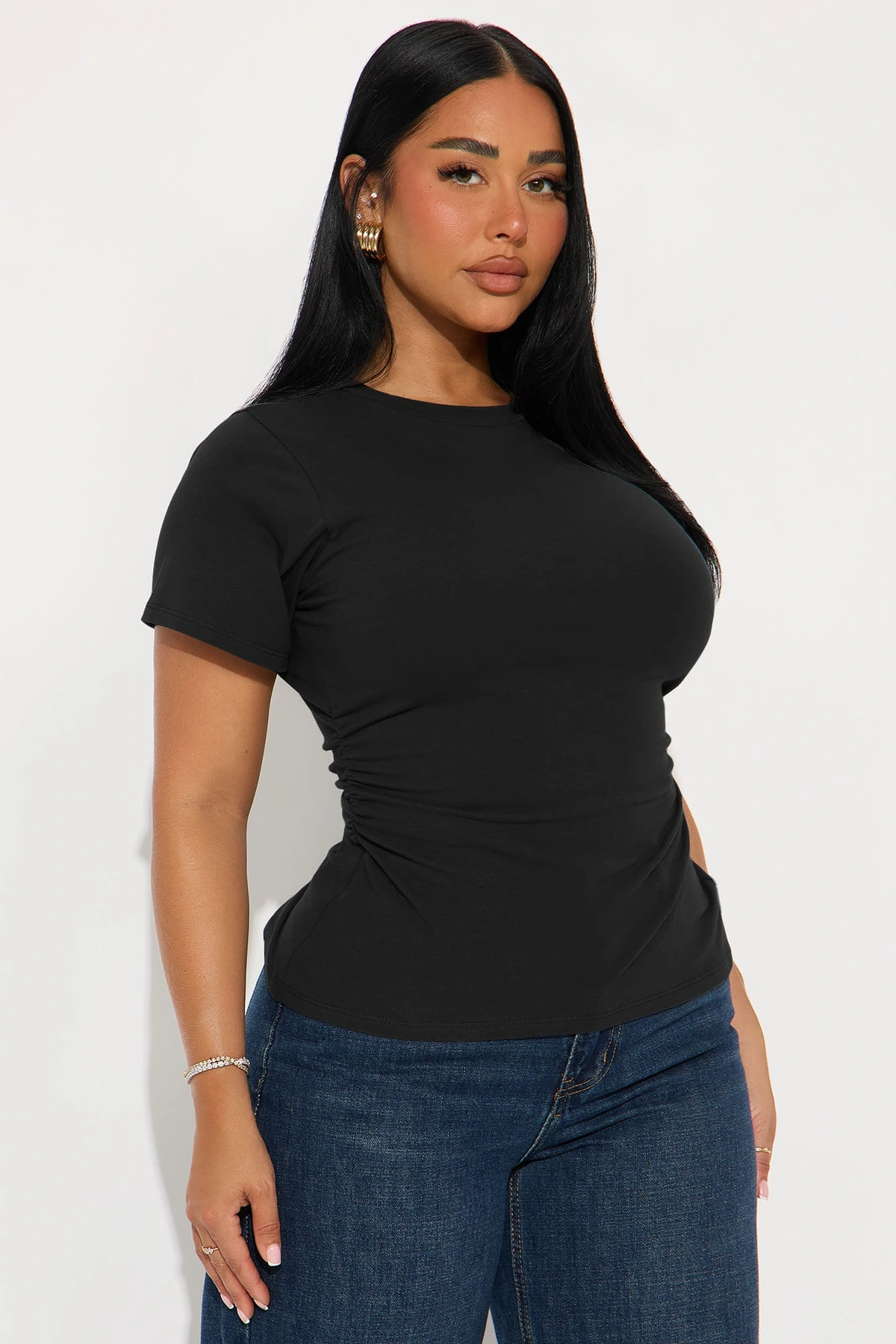Simply Me Ruched Short Sleeve T-Shirt - Black — Preto