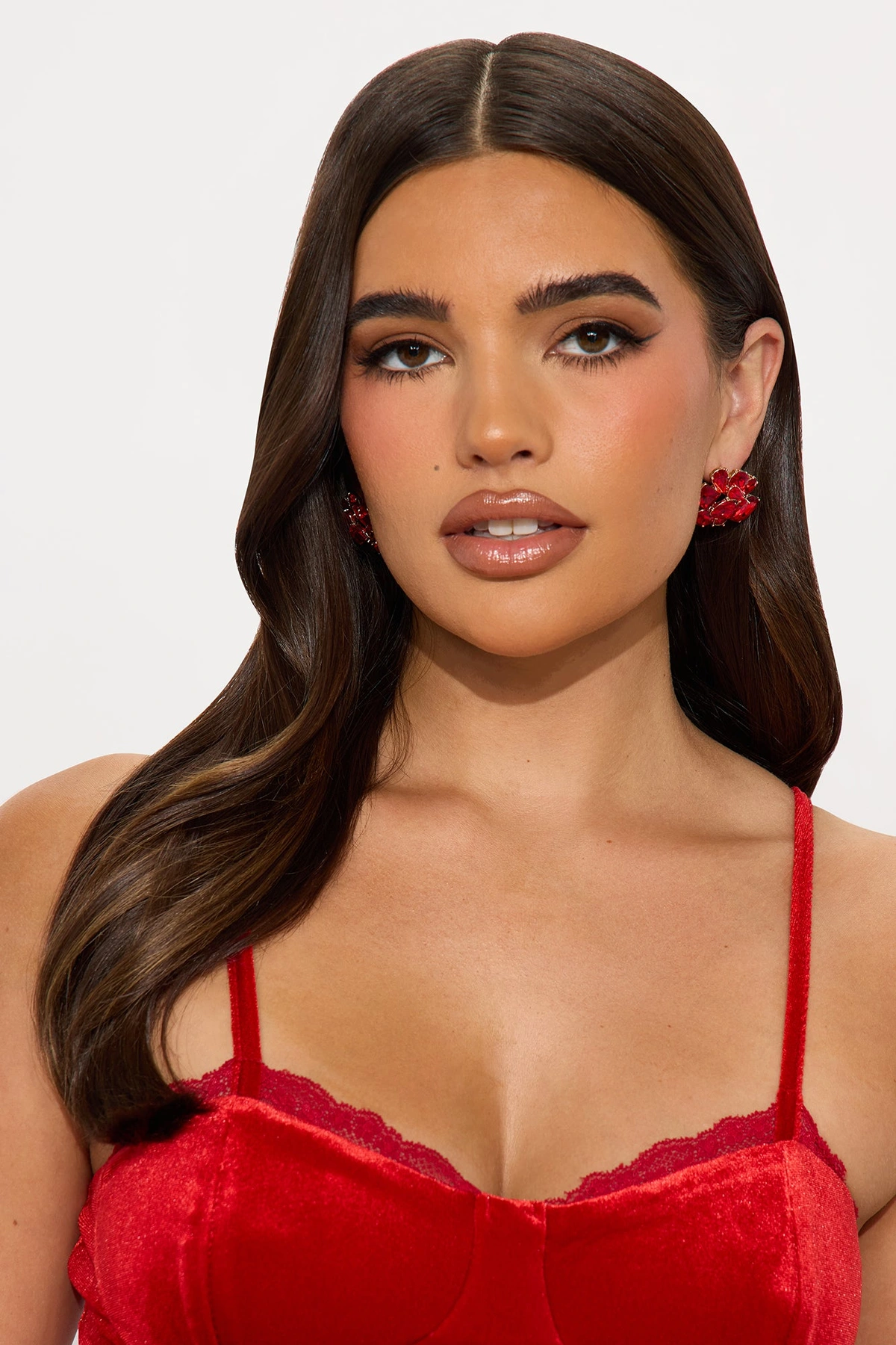 Rhinestone Cluster Stud Earrings - Gold/Red — Dourado/Vermelho