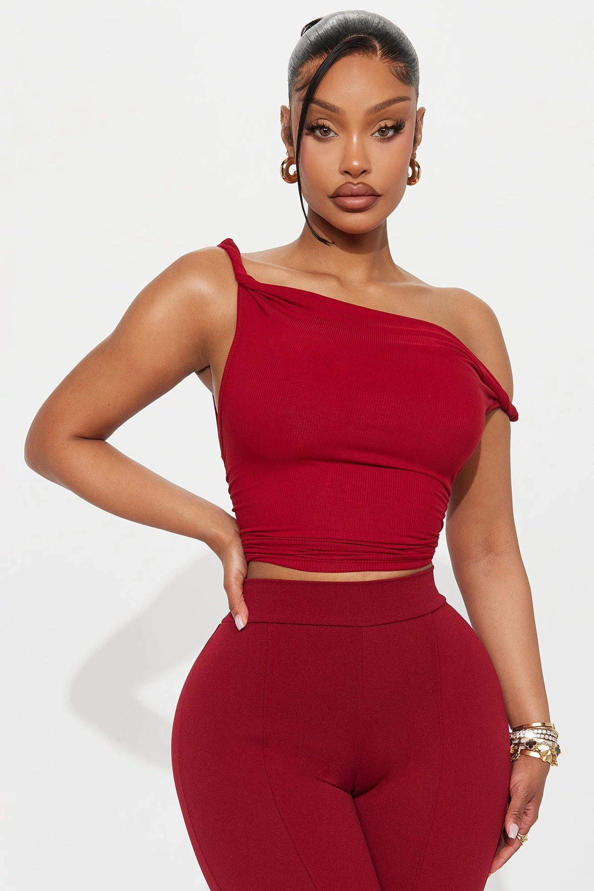 Ingrid Off Shoulder Ribbed Top - Red — Vermelho