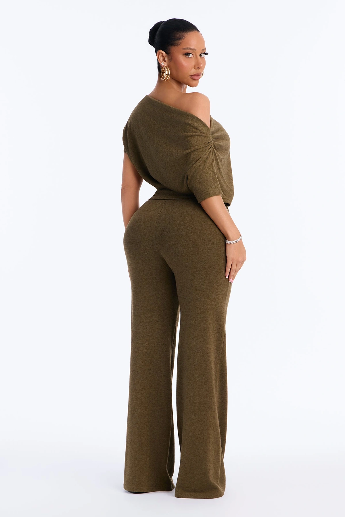 Mariana Knit Off Shoulder Pant Set - Olive — Verde-azeitona