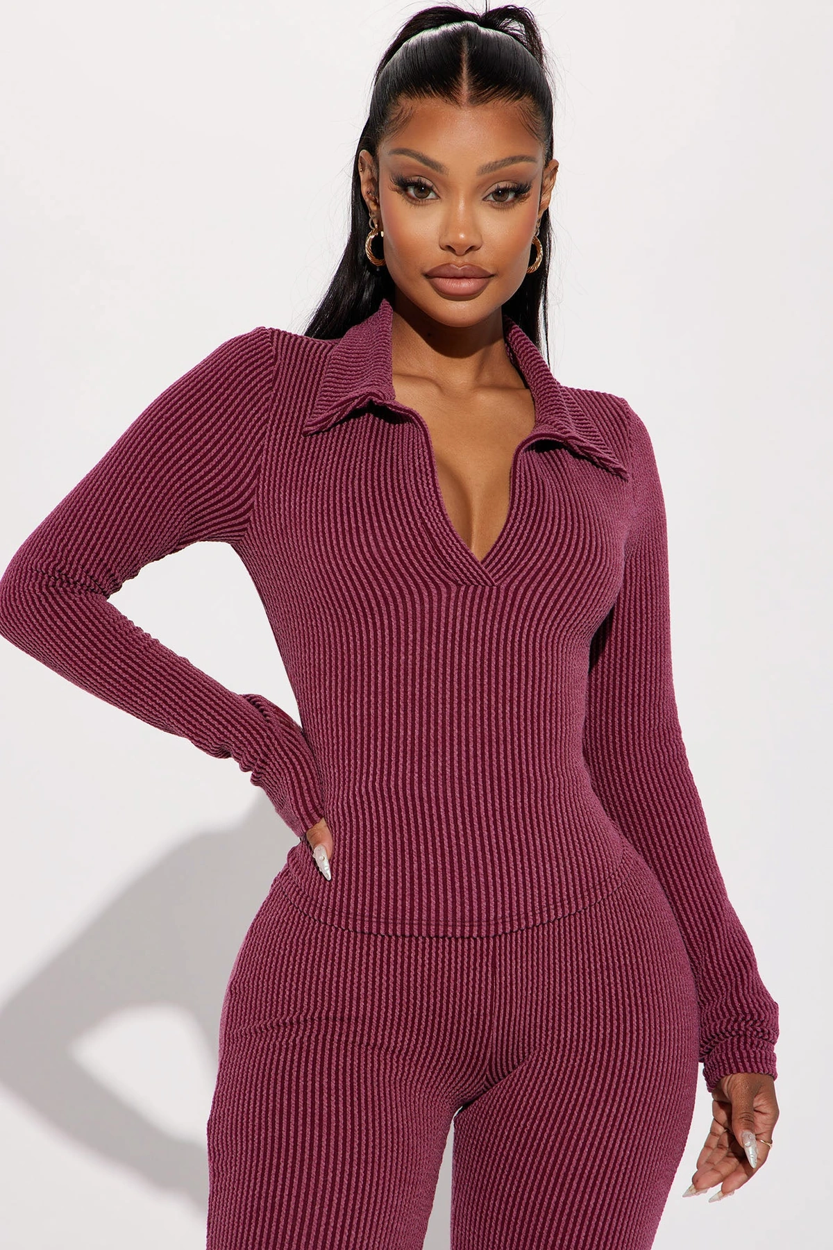 Josie Ribbed Long Sleeve Set - Burgundy — Bordô