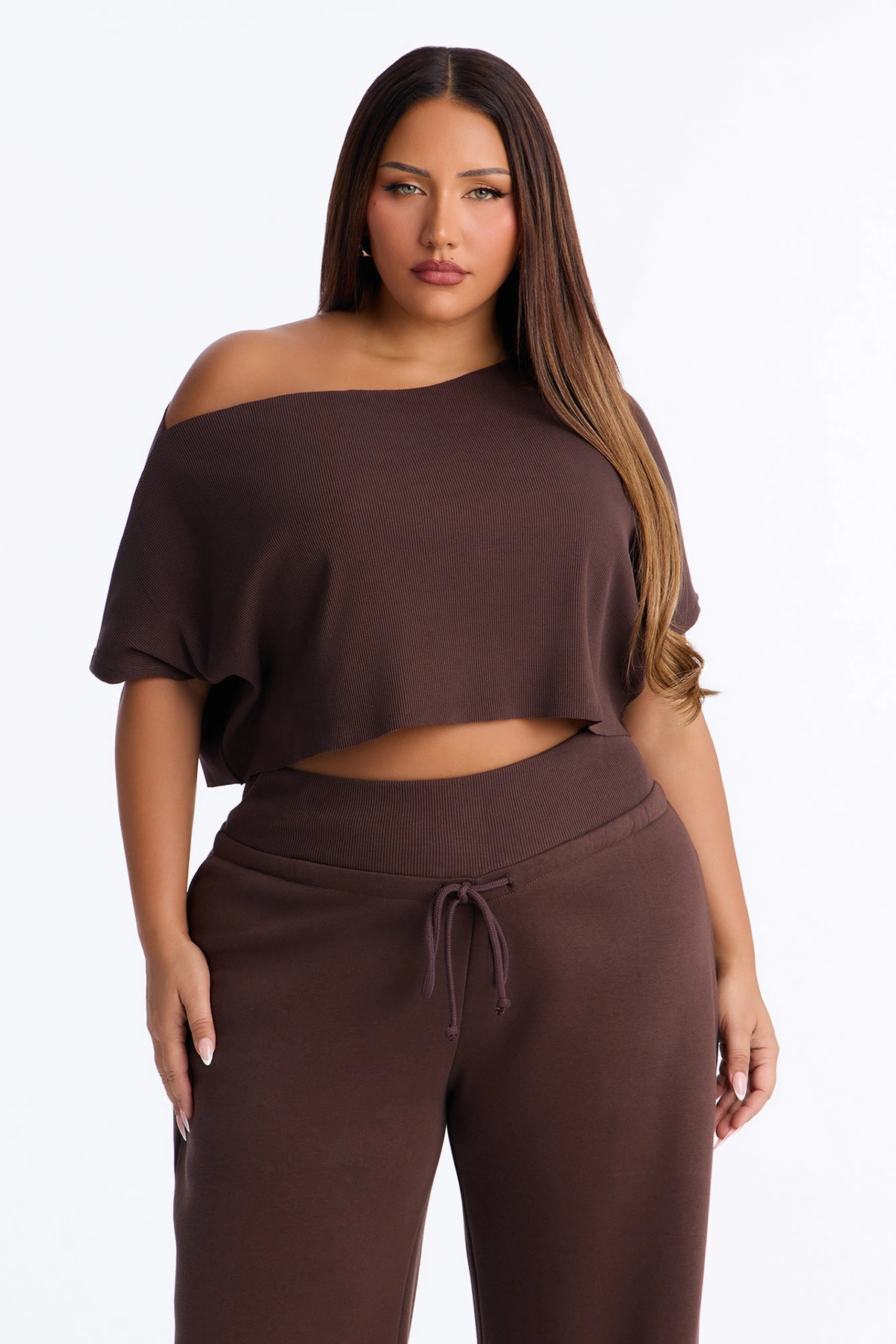 Mila Off Shoulder Top And Sweatpant Set - Chocolate — Chocolate