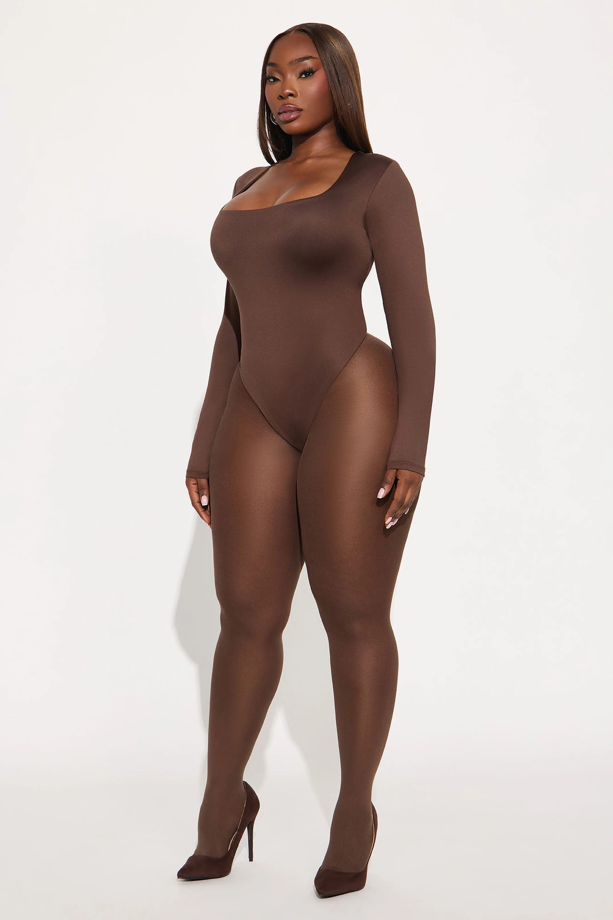 Contour Double Lined Long Sleeve Square Neck Bodysuit - Chocolate — Chocolate