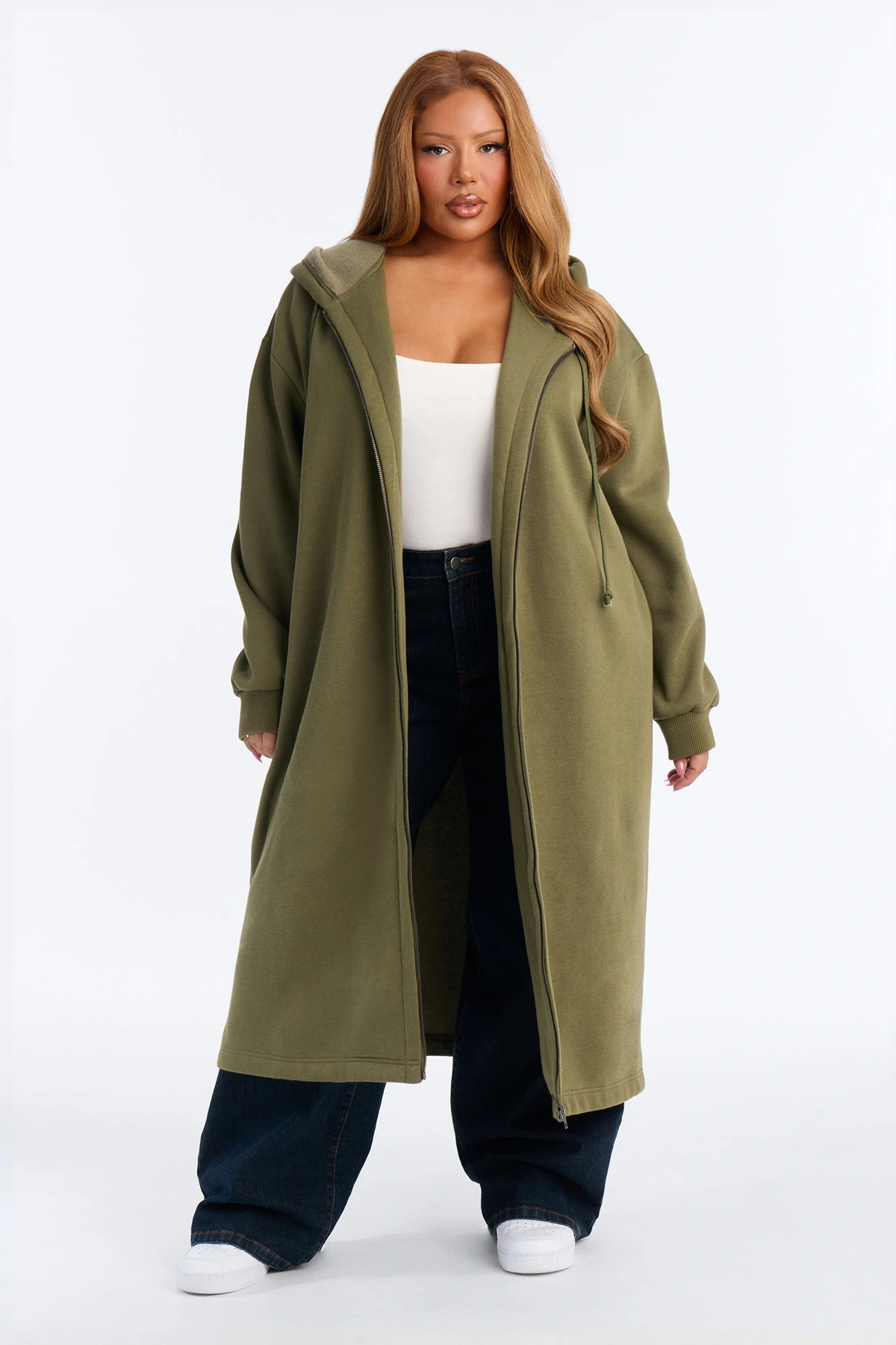 Sunday Lounge Fleece Hooded Long Jacket - Olive — Verde-azeitona