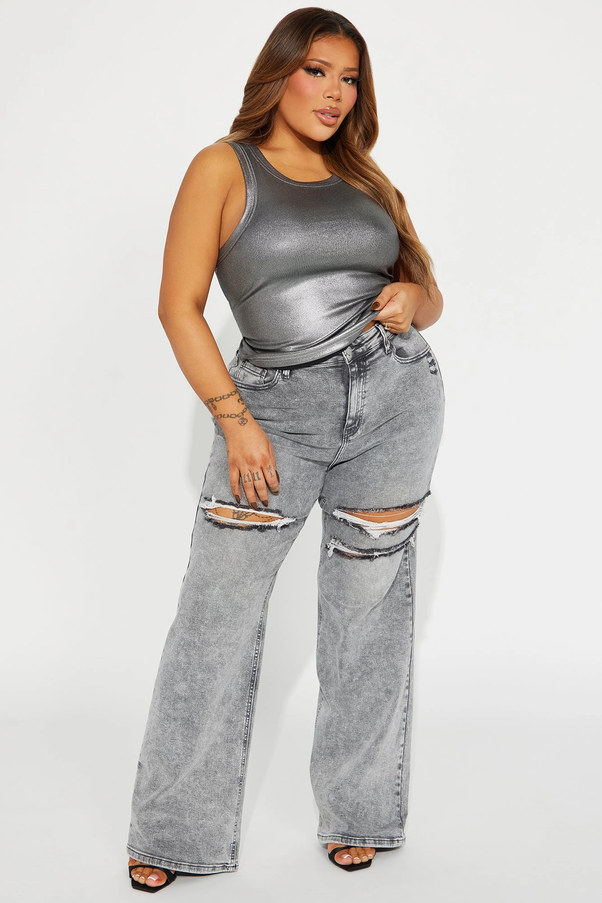 Remi Ripped Stretch Baggy Jeans - Grey — Cinzento