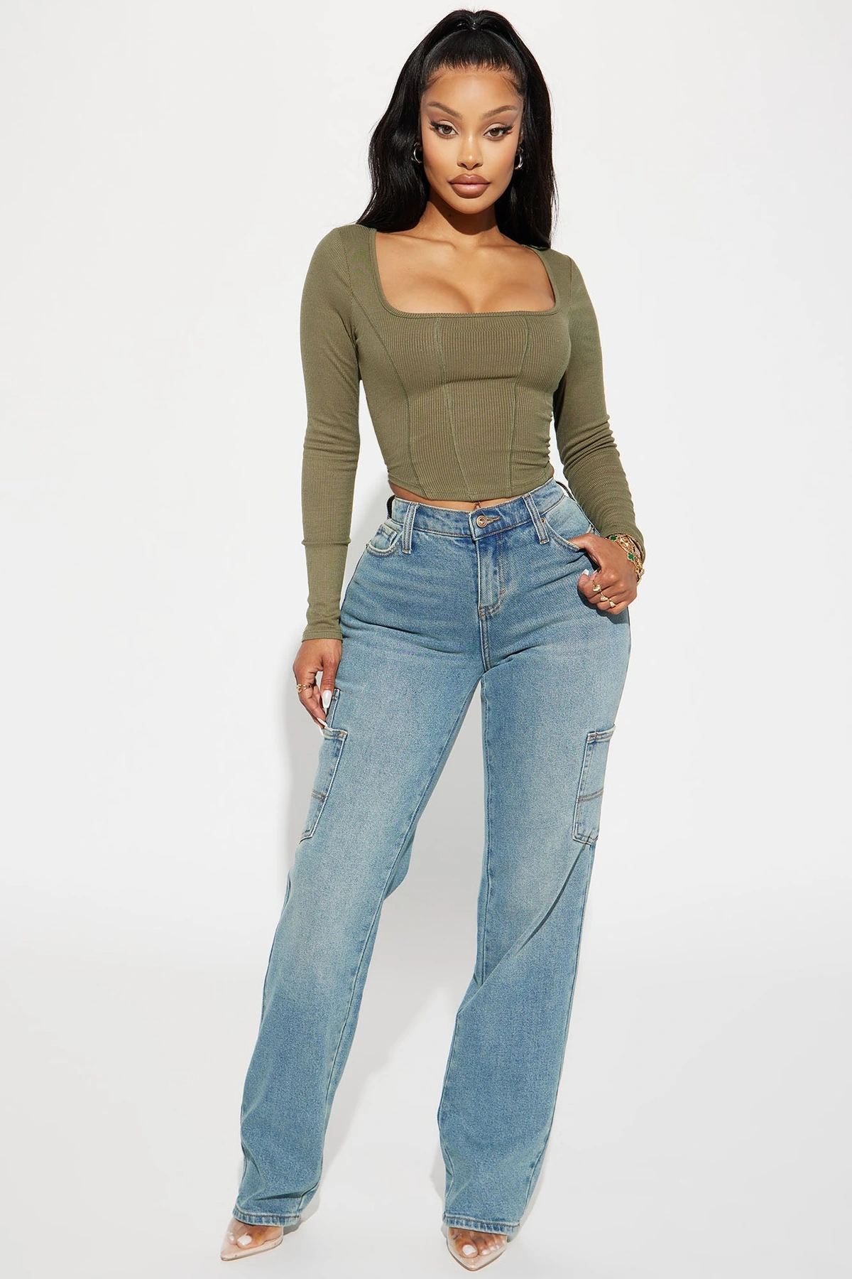 Daria Ribbed Top - Olive — Verde-azeitona