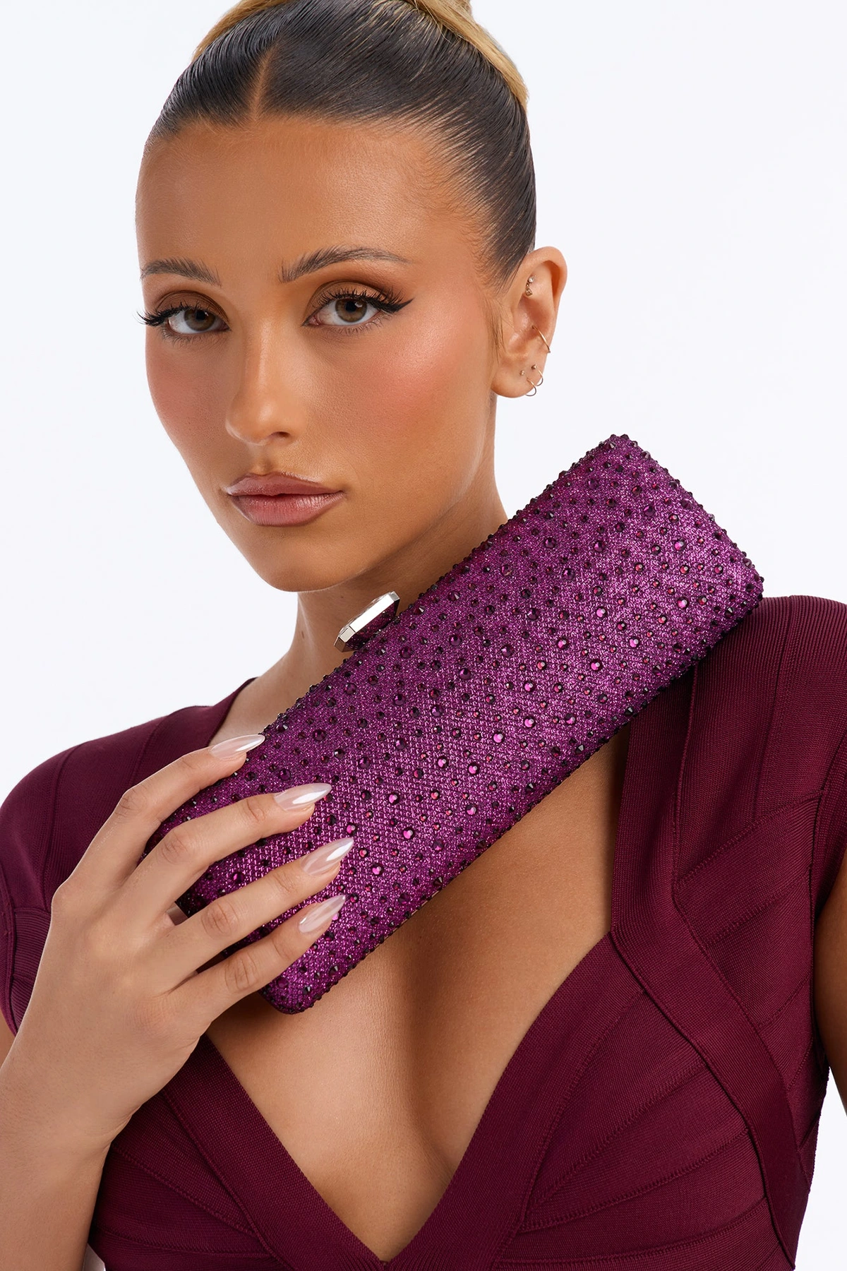 A Glass Of Sparkling Rhinestone Clutch Handbag - Plum — Plum