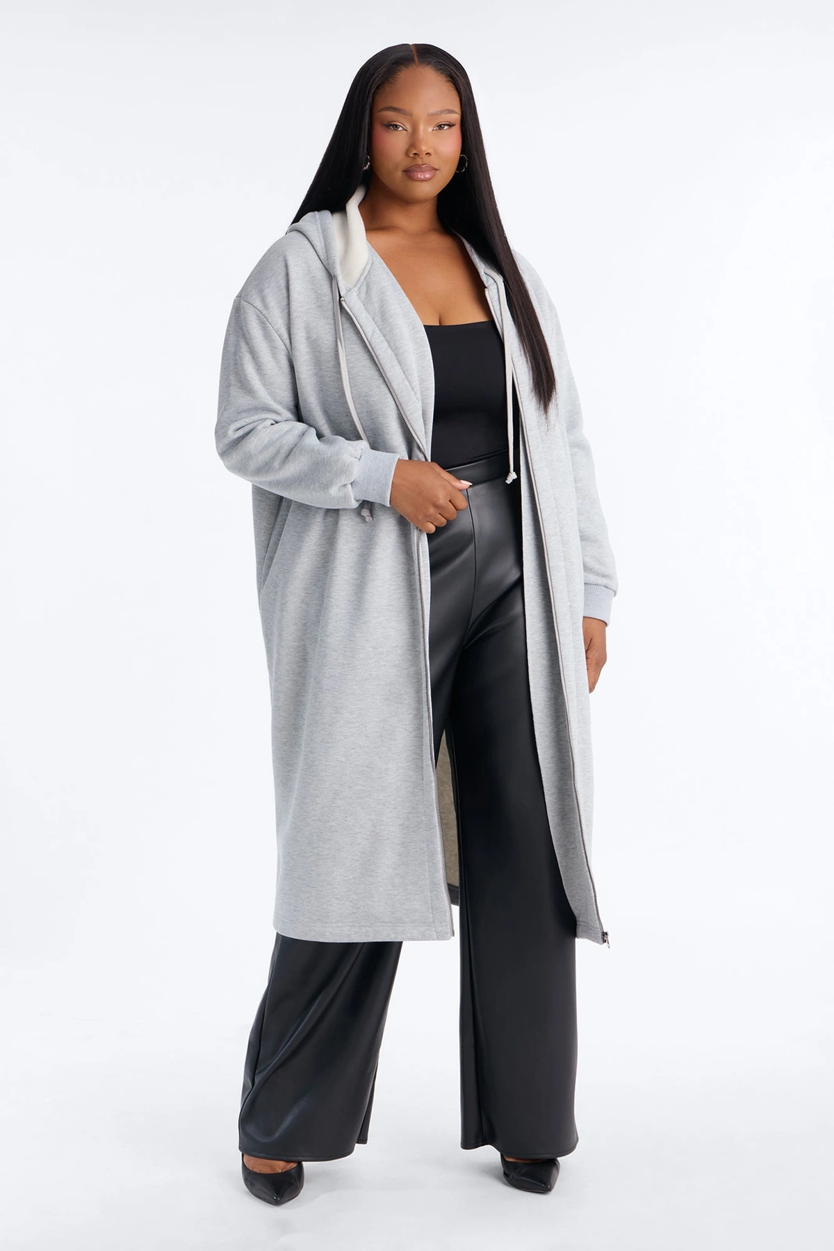 Sunday Lounge Fleece Hooded Long Jacket - Heather Grey — Cinzento mesclado