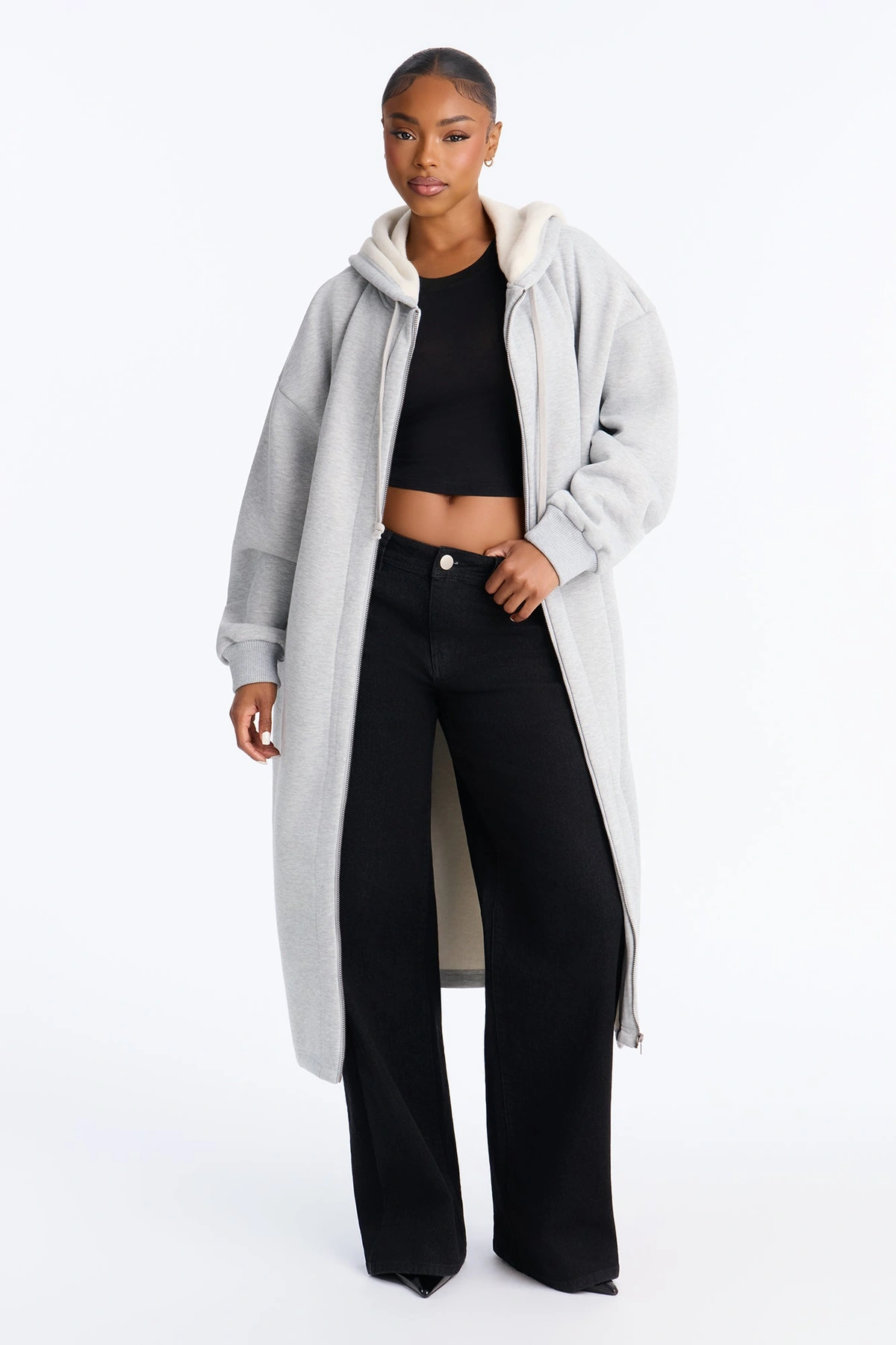Sunday Lounge Fleece Hooded Long Jacket - Heather Grey — Cinzento mesclado