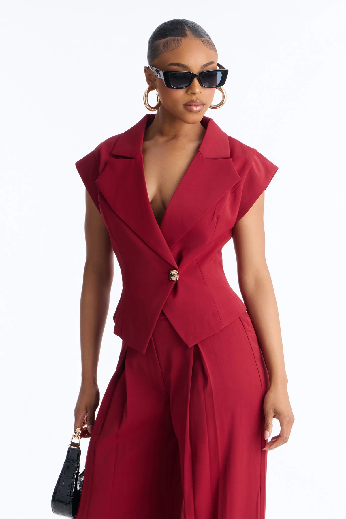 Feeling Polished Cinched Vest Pant Set - Burgundy — Bordô