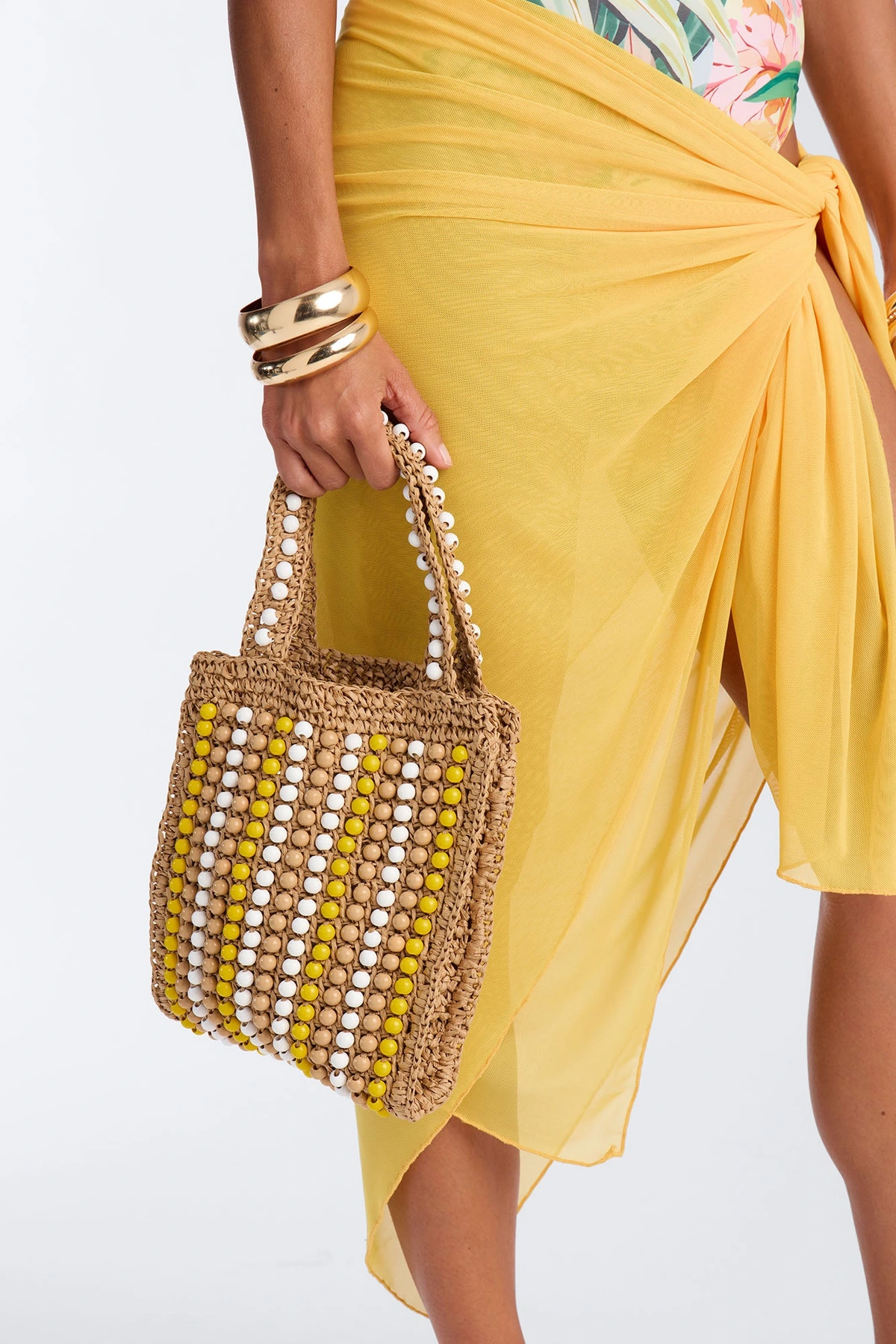Vacation Time Straw Beaded Satchel Handbag - Yellow/combo — Amarelo/combinação