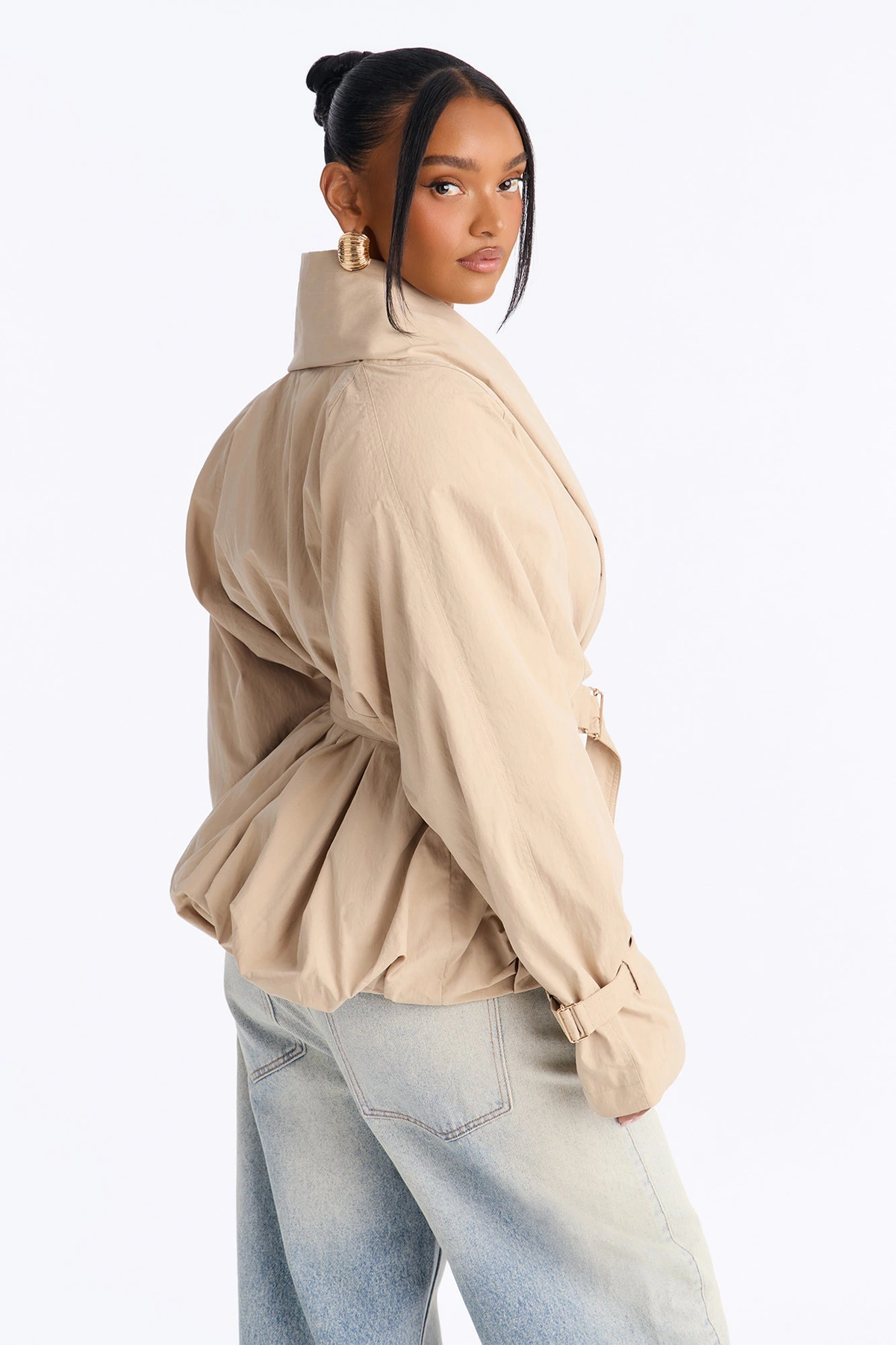 Caitlyn Gathered Belted Shawl Collar Twill Coat - Khaki — Caqui