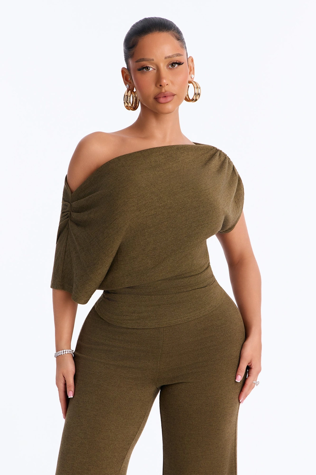 Mariana Knit Off Shoulder Pant Set - Olive — Verde-azeitona