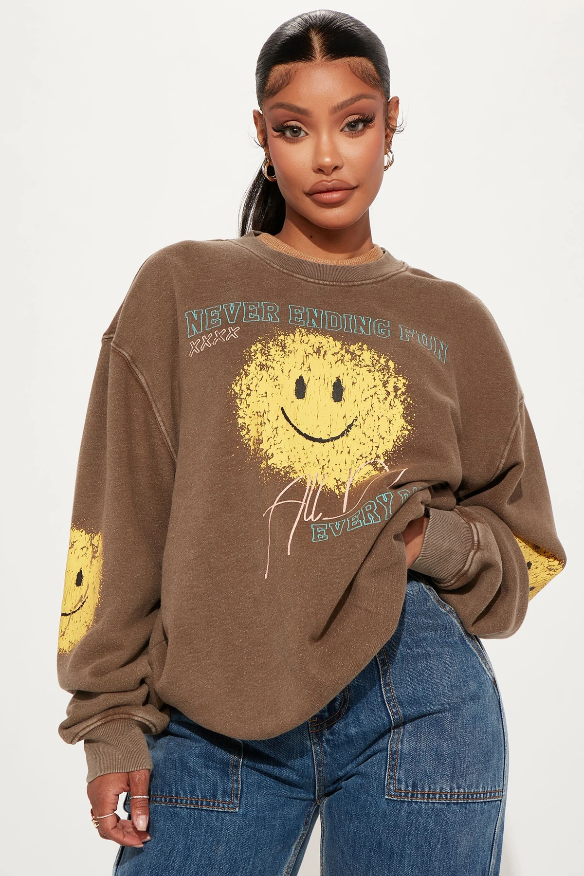 Smiley Face Washed Sweatshirt - Brown Combo — Castanho combinação