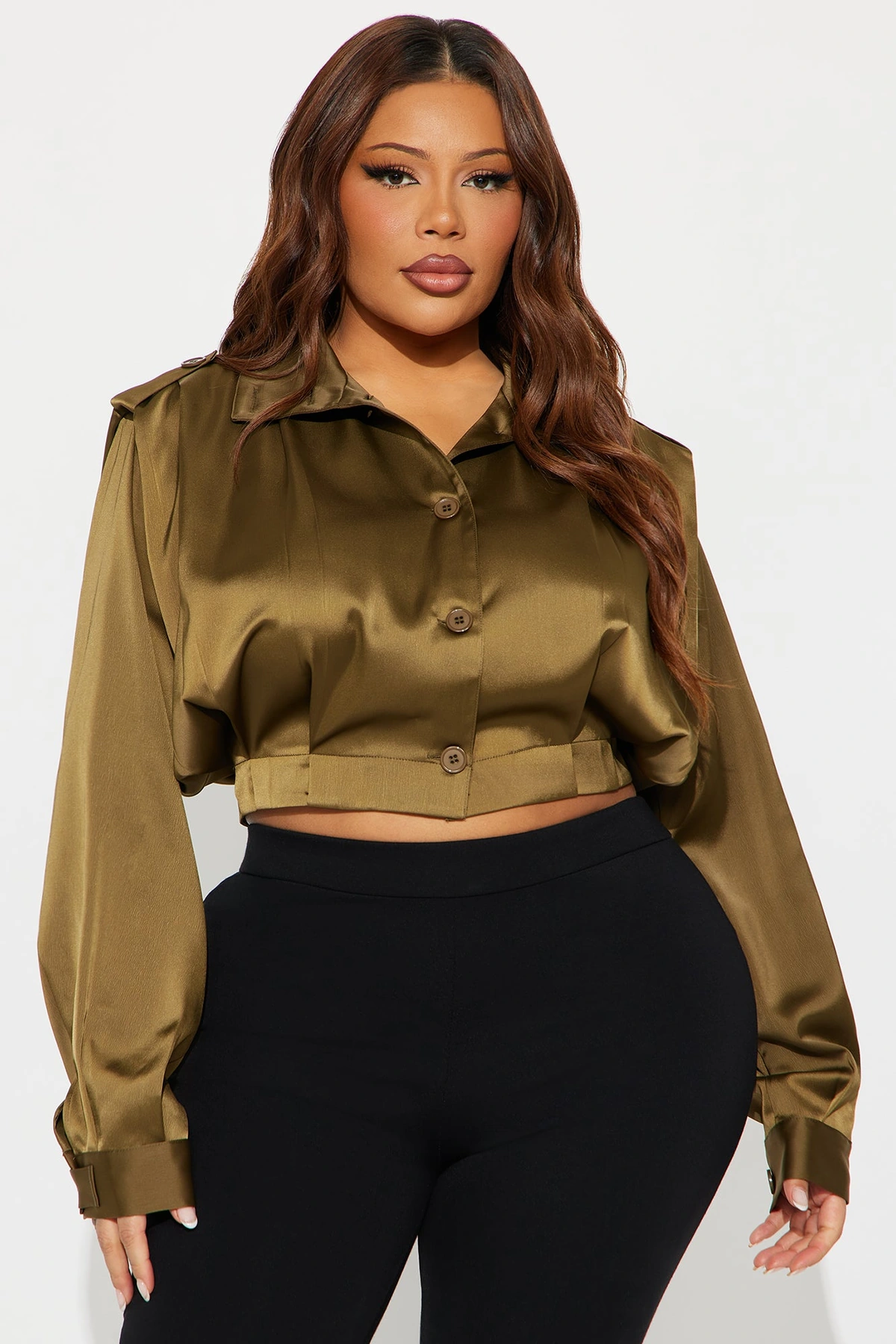 All Business Satin Shirt - Olive — Verde-azeitona