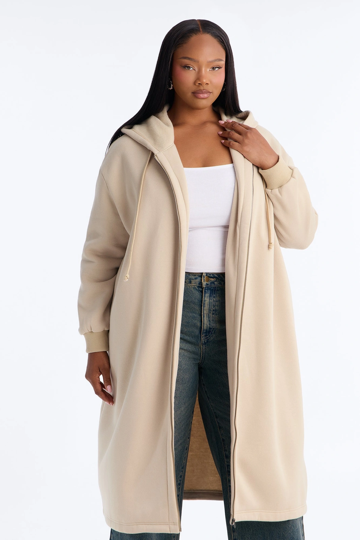 Sunday Lounge Fleece Hooded Long Jacket - Taupe — Bege acinzentado
